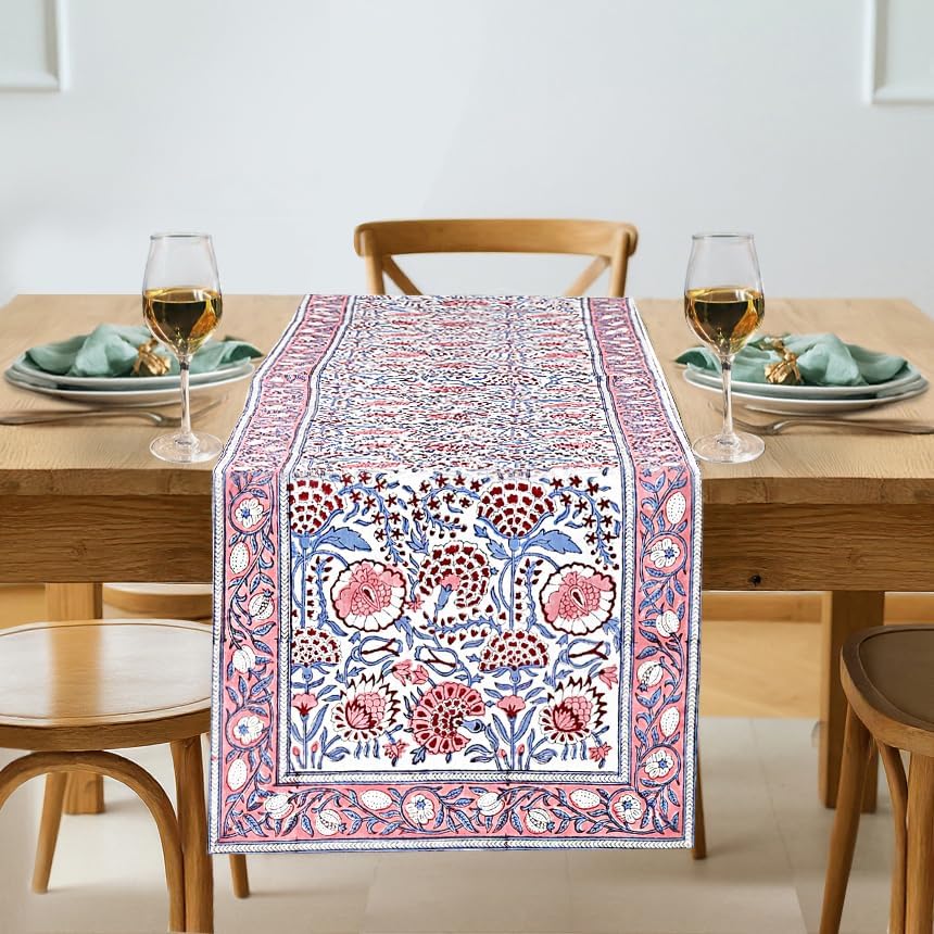 Ridhi Light Steel Blue Hand Block Print 100% Cotton Reusable Table Runner 16" X 90" Inches Table Runner Decorative Everyday Use for Dining, Home Gift for Spring, Easter, Valentine