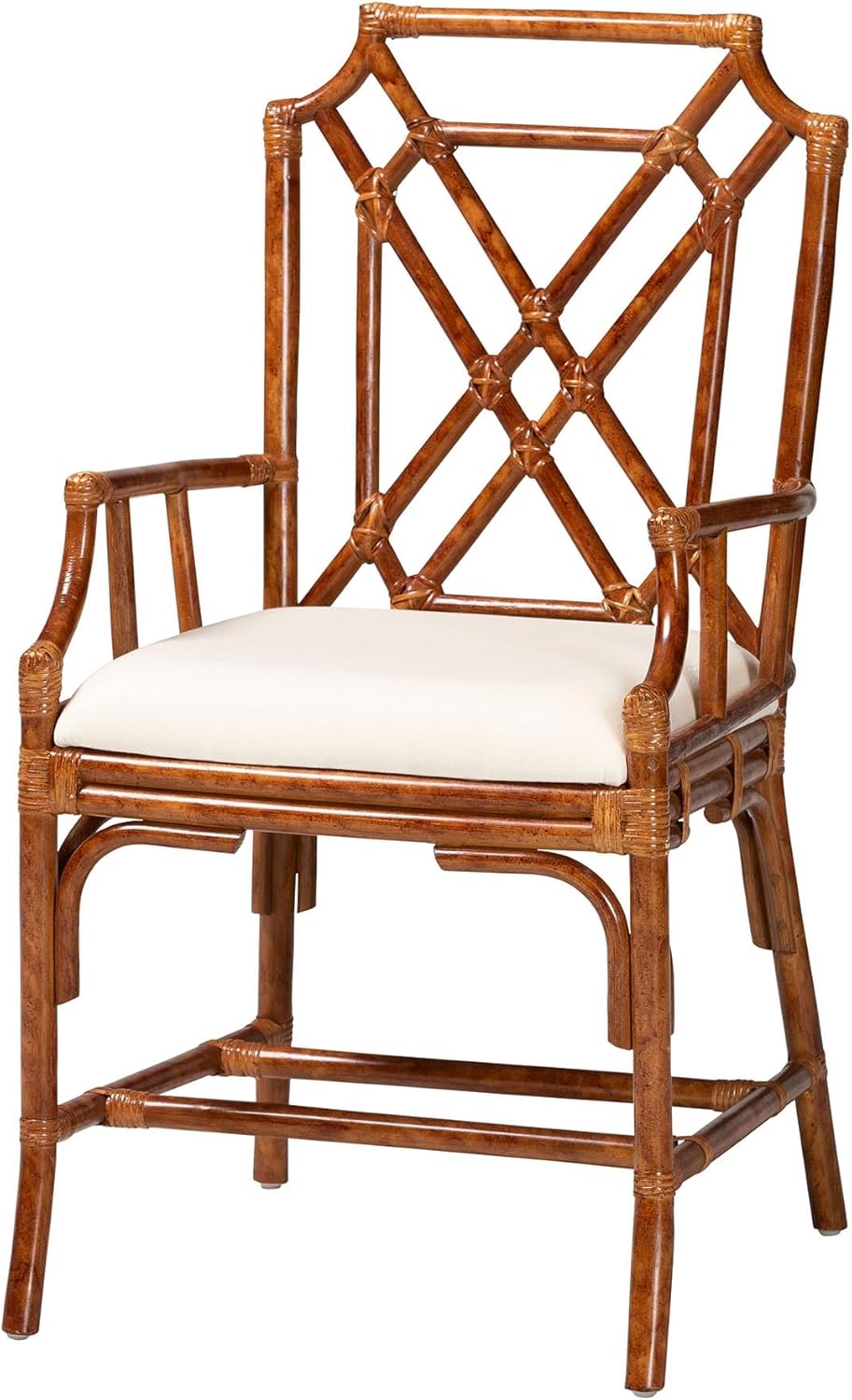 Bali & pari Esmery Marbled Tortoise Natural Rattan Dining Chair - Handcrafted Wicker Armchair with Crisscross Back, Boho Coastal Seating for Dining Room or Kitchen