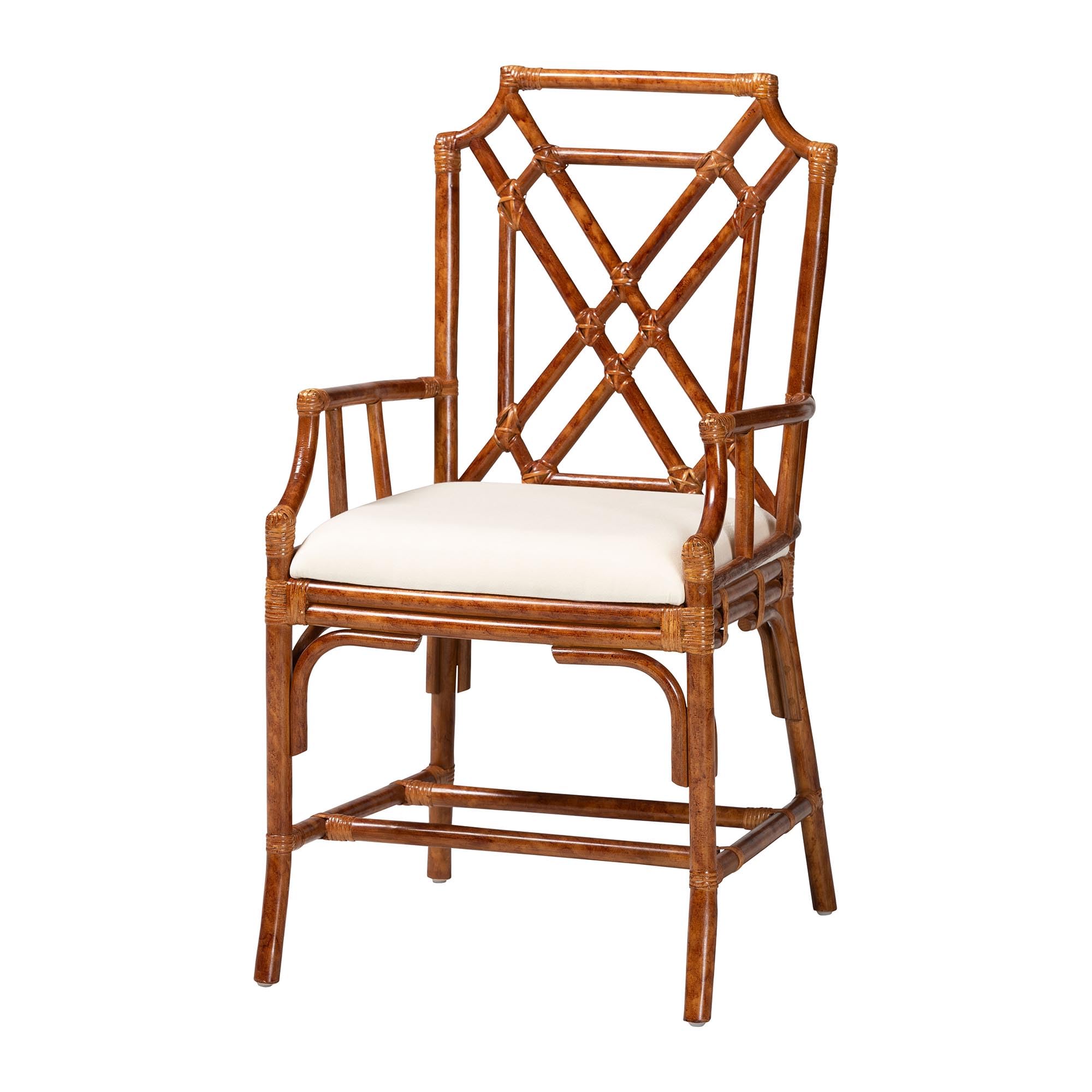 Bali & pari Esmery Marbled Tortoise Natural Rattan Dining Chair - Handcrafted Wicker Armchair with Crisscross Back, Boho Coastal Seating for Dining Room or Kitchen