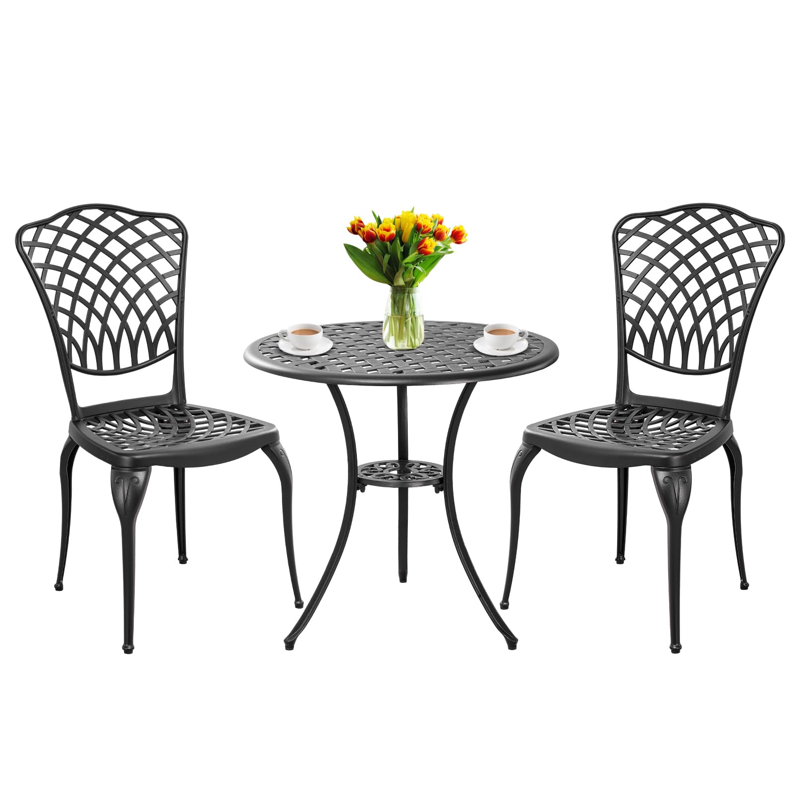 Outdoor Bistro Set 3 Piece Patio Bistro Set, Cast Aluminum Bistro Table and Chairs Set of 2, Small Patio Table Set for Porch, Black