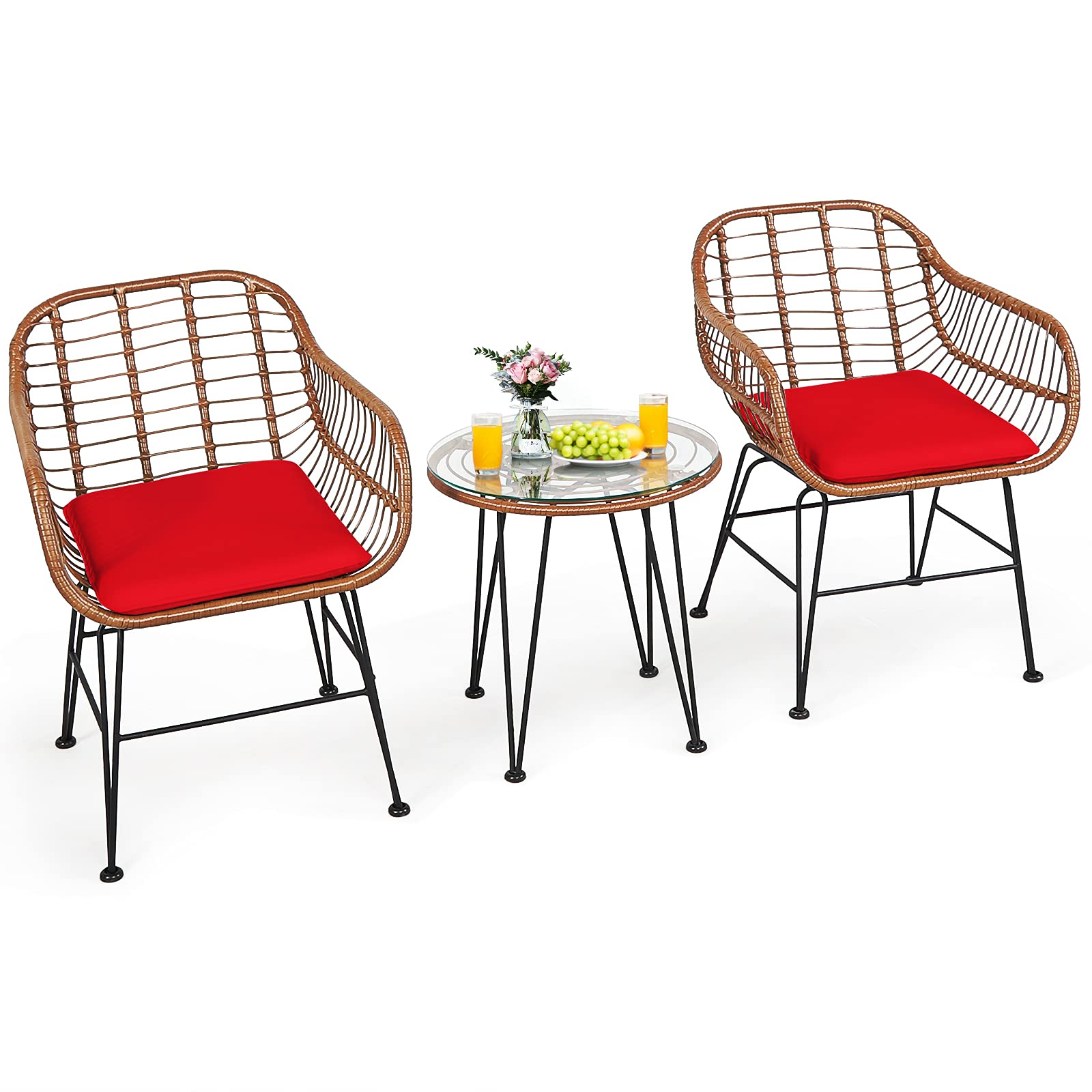 Tangkula 3 Pieces Patio Conversation Bistro Set, Outdoor Wicker Furniture w/Round Tempered Glass Top Table & 2 Rattan Armchairs, Bistro Chat Set w/Seat Cushions for Porch, Backyard, Garden