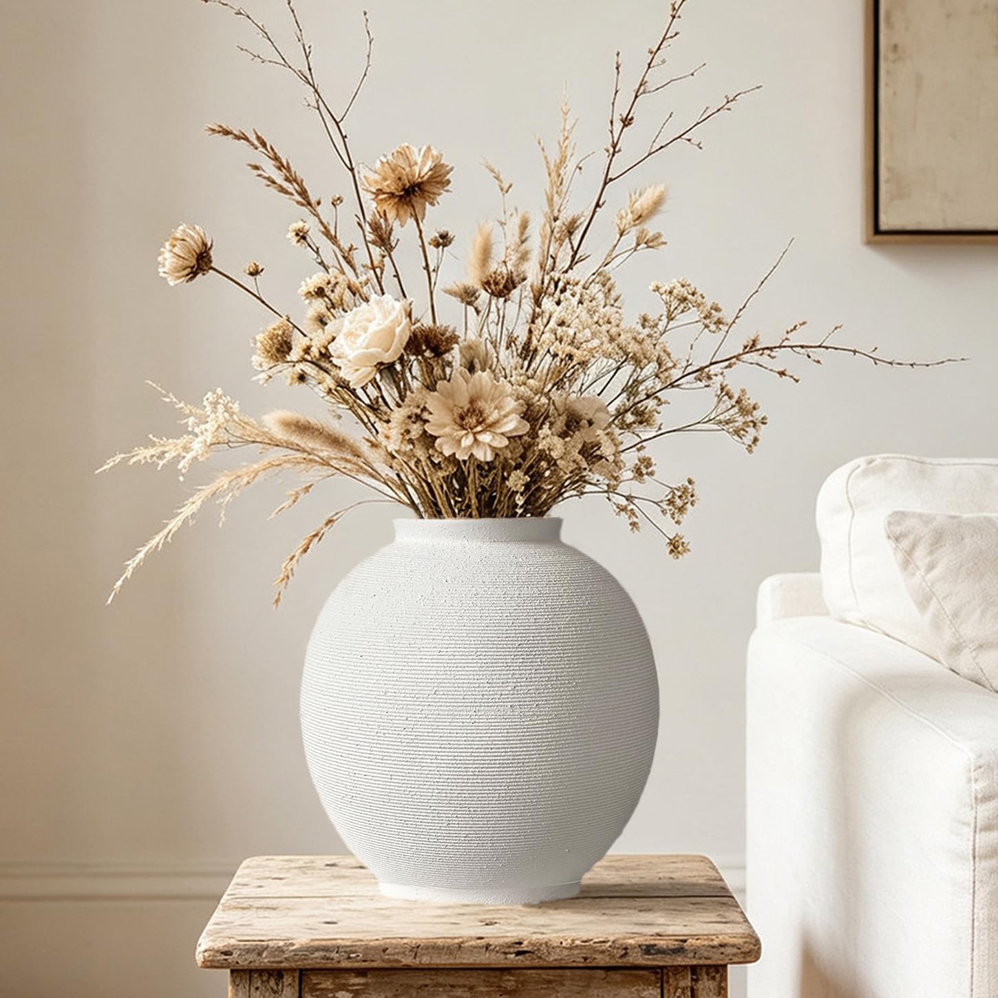 White Ceramic Vase, 9.8" Large, Round, Sandstone White | Farmhouse Style, Hand-Made Textured, Minimalist Design, Home Decor
