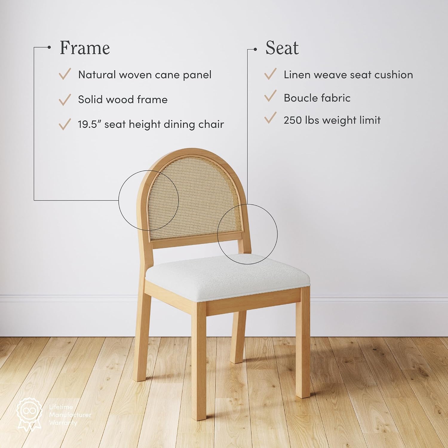 Nathan James Bailey 19 in. Boucle Dining Chair, Upholstered Side Chair with Natural Woven Rattan Back and Solid Wood Legs, Natural Brown/Rattan/Cream Boucle, Set of 4