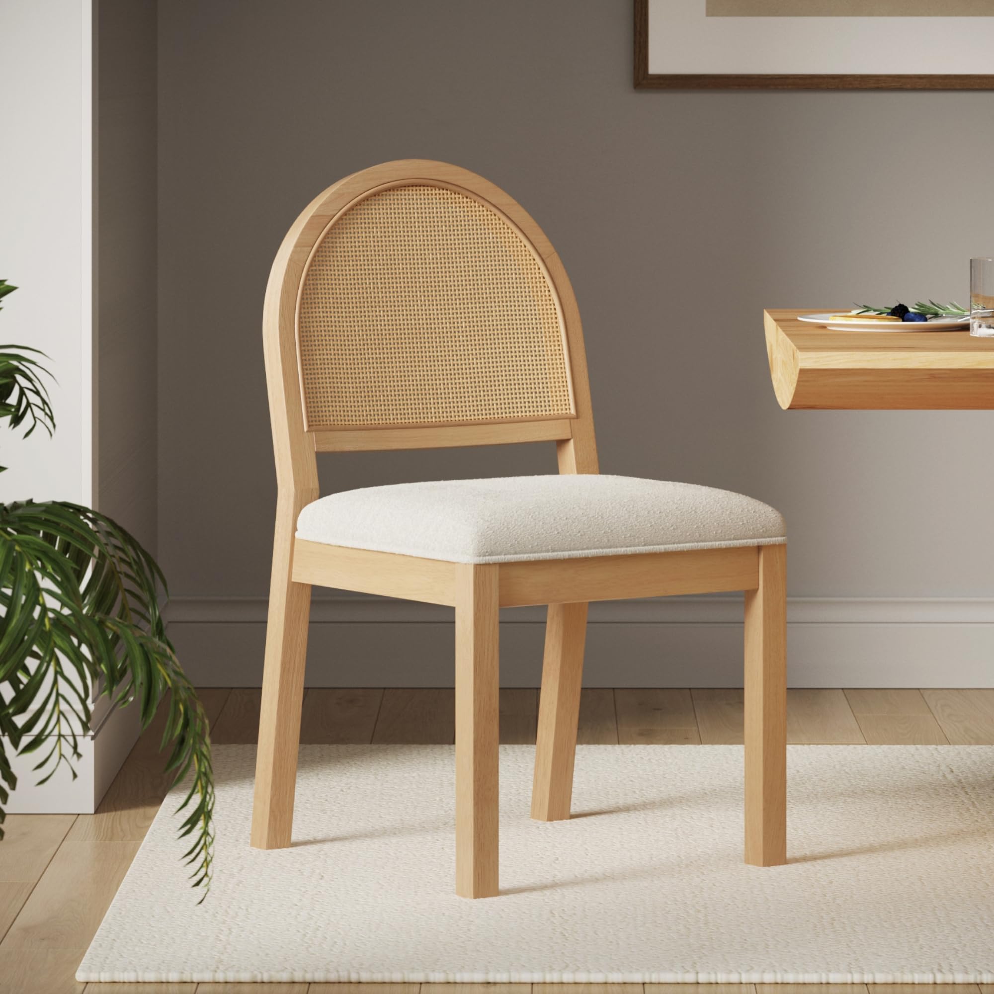 Nathan James Bailey 19 in. Boucle Dining Chair, Upholstered Side Chair with Natural Woven Rattan Back and Solid Wood Legs, Natural Brown/Rattan/Cream Boucle, Set of 4