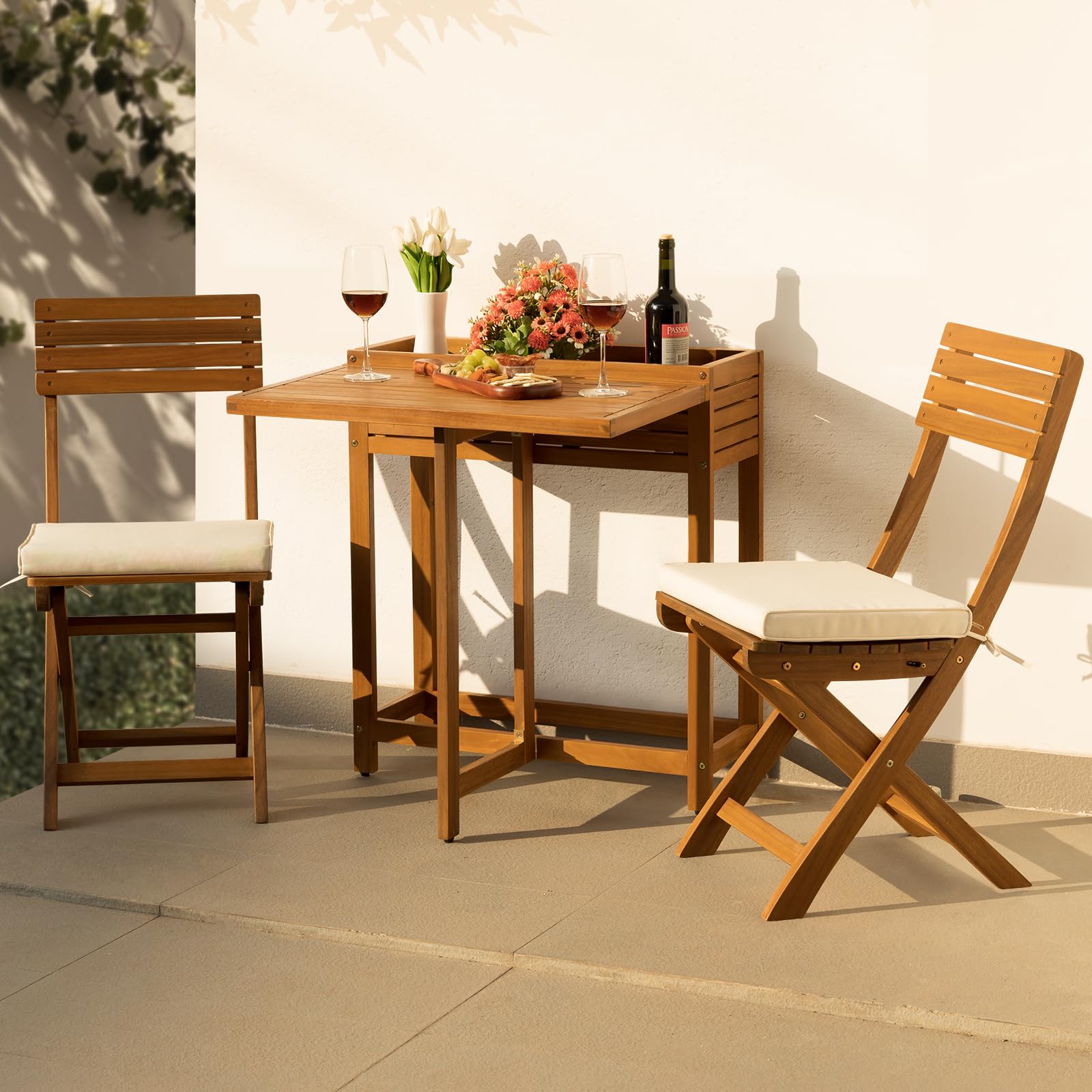 Idzo Heavy Duty 400lbs Capacity Patio Bistro Set 3 Piece Outdoor, Folding Chairs w/Cushion, Square Table, FSC-Certified Acacia Wood, Space-Saving Design for Balcony, Garden and Porch - Upgrade