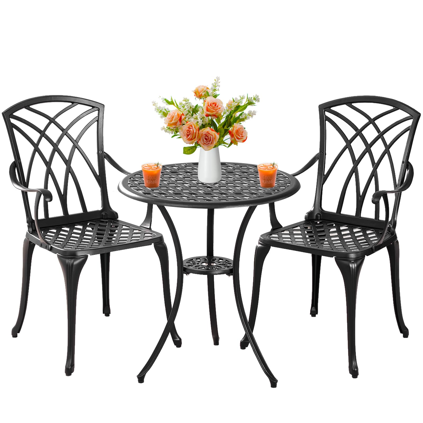 Outdoor Bistro Set 3 Piece Patio Bistro Set, Cast Aluminum Bistro Table and Chairs Set of 2, Small Patio Table Set for Porch, Black