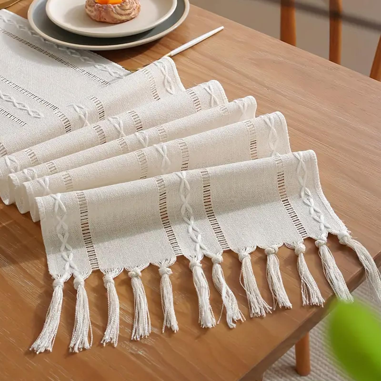 Niviy Boho Table Runner for Home Decor 144 Inches Long Farmhouse Macrame Table Runner Cotton Linen Woven Table Runners for Summer Dining Table Decoration, Beige & Brown