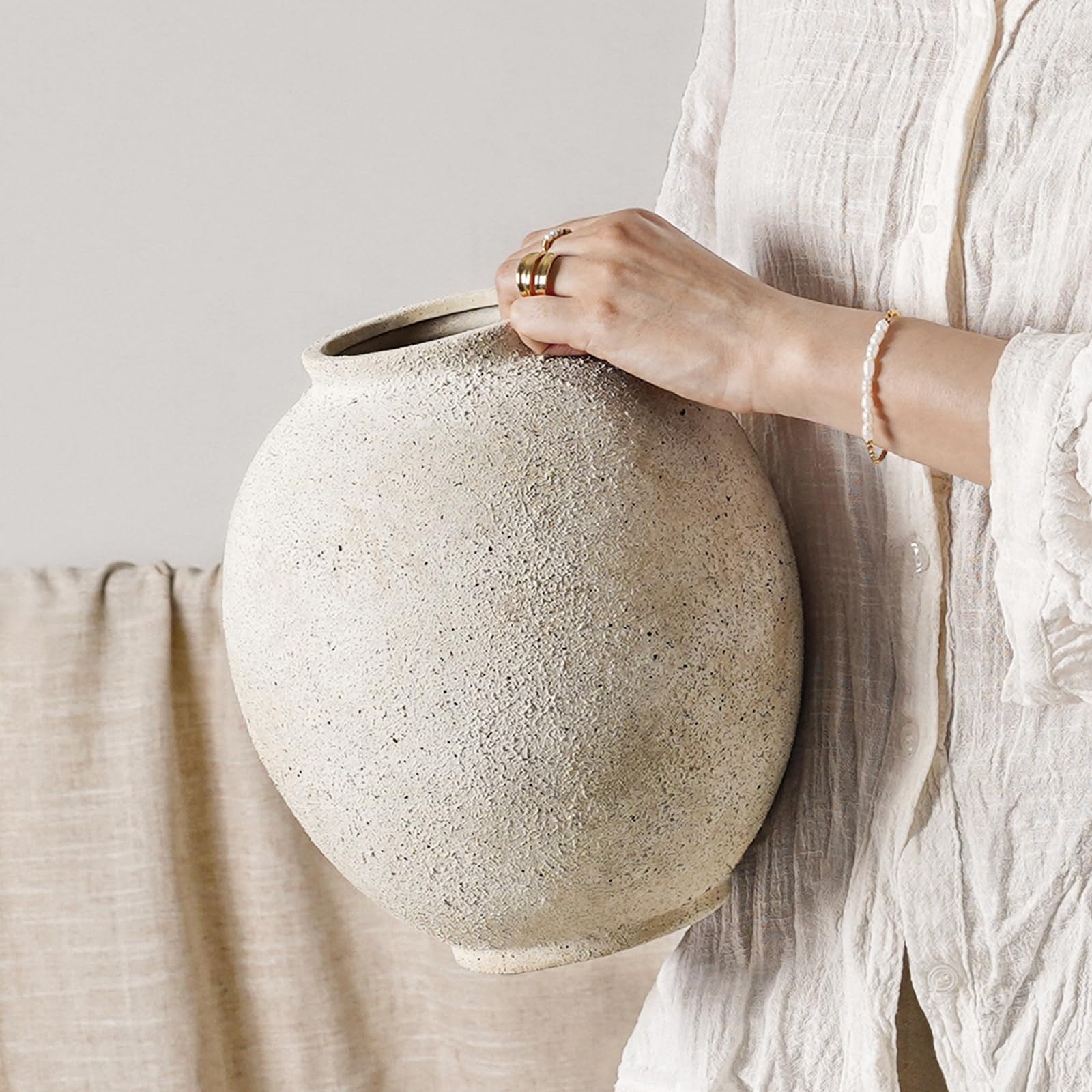 White Ceramic Vase - Large 12.5 Inch Round Floor Vase for Centerpieces, Farmhouse Flower Vases, Rustic Minimalist Home Decor (Sandstone White)
