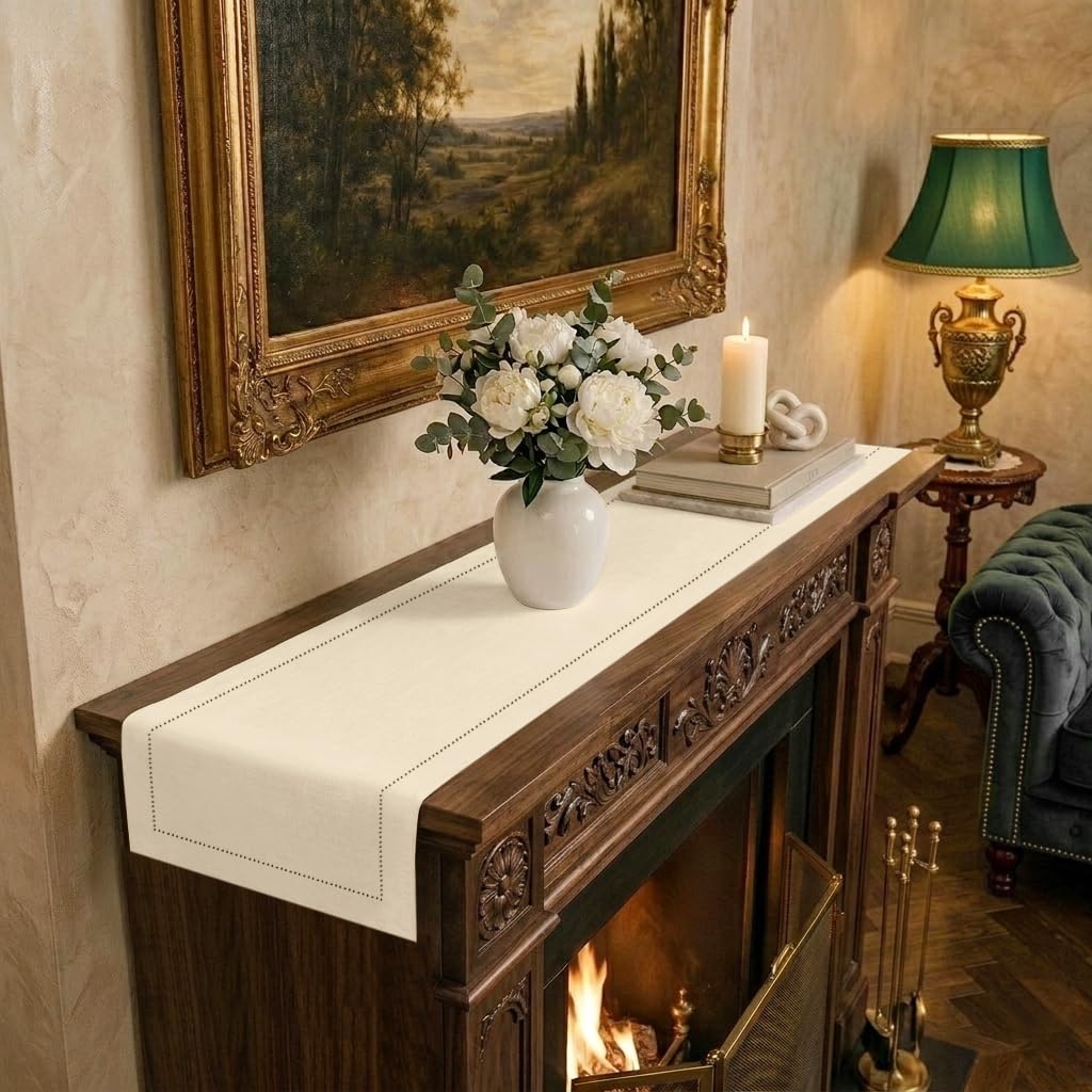 Signature Linen™ by D'Moksha White Table Runner 84 Inches Long, 100% Pure Linen, Hemstitch, 14 x 84 Inch Table Runner for Dresser, Dining- Summer, Father's & Independence Day