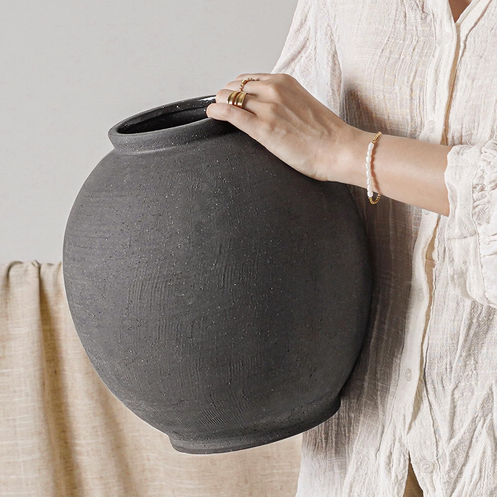 White Ceramic Vase - Large 12.5 Inch Round Floor Vase for Centerpieces, Farmhouse Flower Vases, Rustic Minimalist Home Decor (Sandstone White)