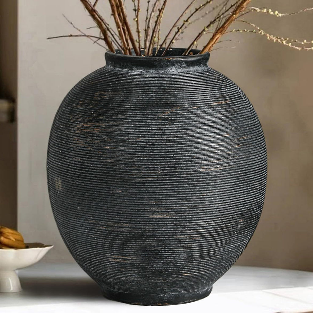 White Ceramic Vase, 9.8" Large, Round, Sandstone White | Farmhouse Style, Hand-Made Textured, Minimalist Design, Home Decor