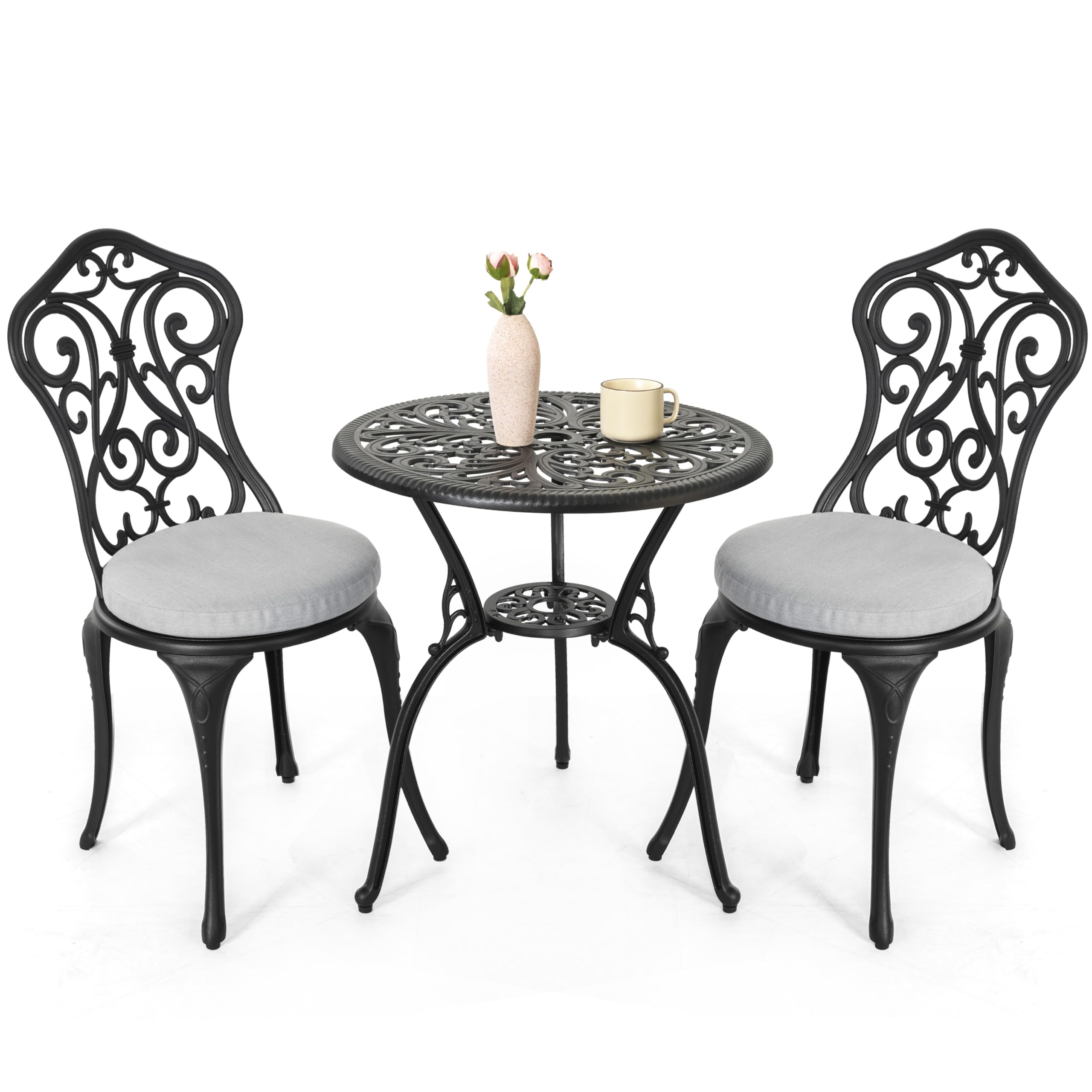 NUU GARDEN 3 Piece Outdoor Bistro Table Set, All Weather Cast Aluminum Patio Bistro Sets Patio Table and Chairs Set of 2 with Umbrella Hole for Yard, Garden, Balcony, Black