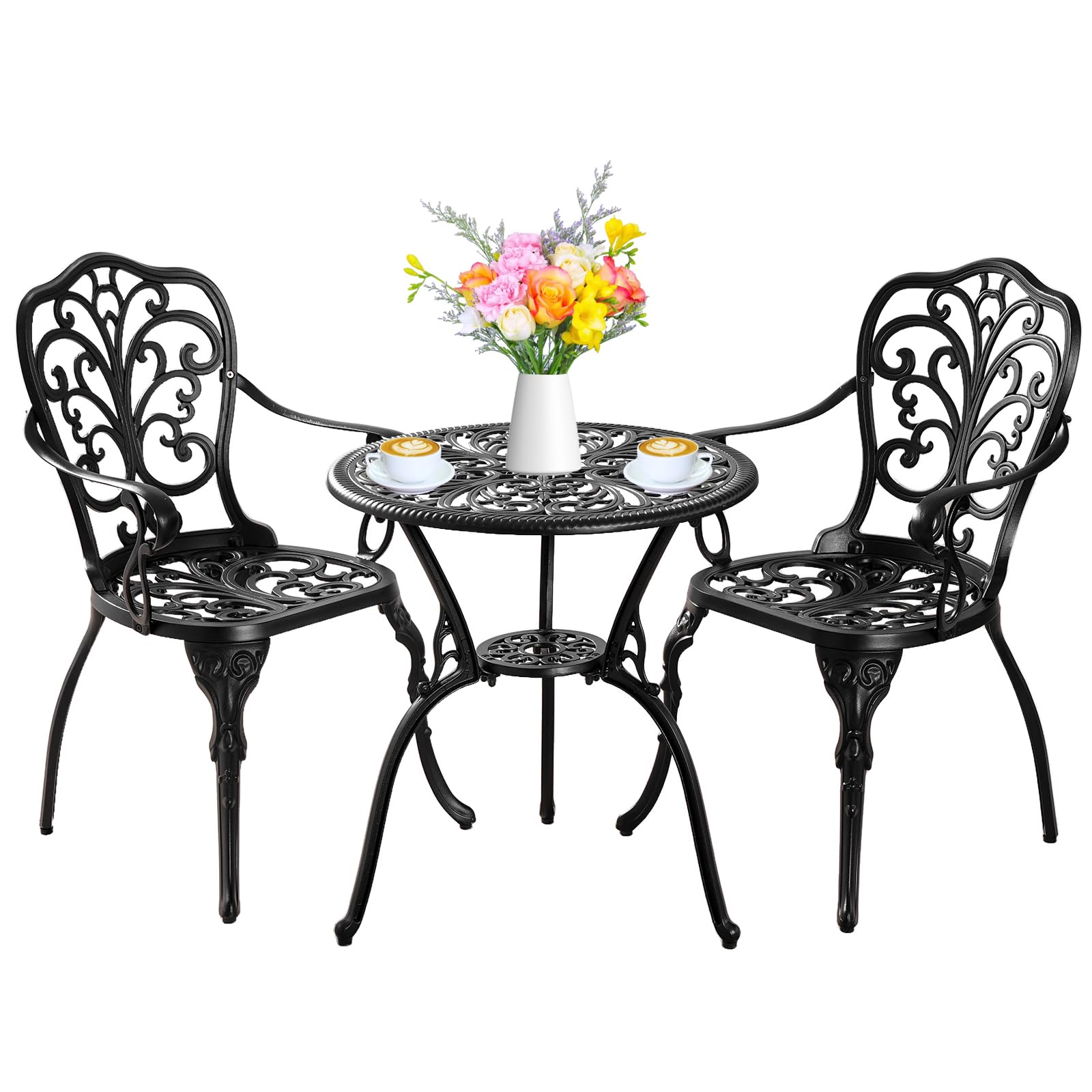 Outdoor Bistro Set 3 Piece Patio Bistro Set, Cast Aluminum Bistro Table and Chairs Set of 2, Small Patio Table Set for Porch, Black