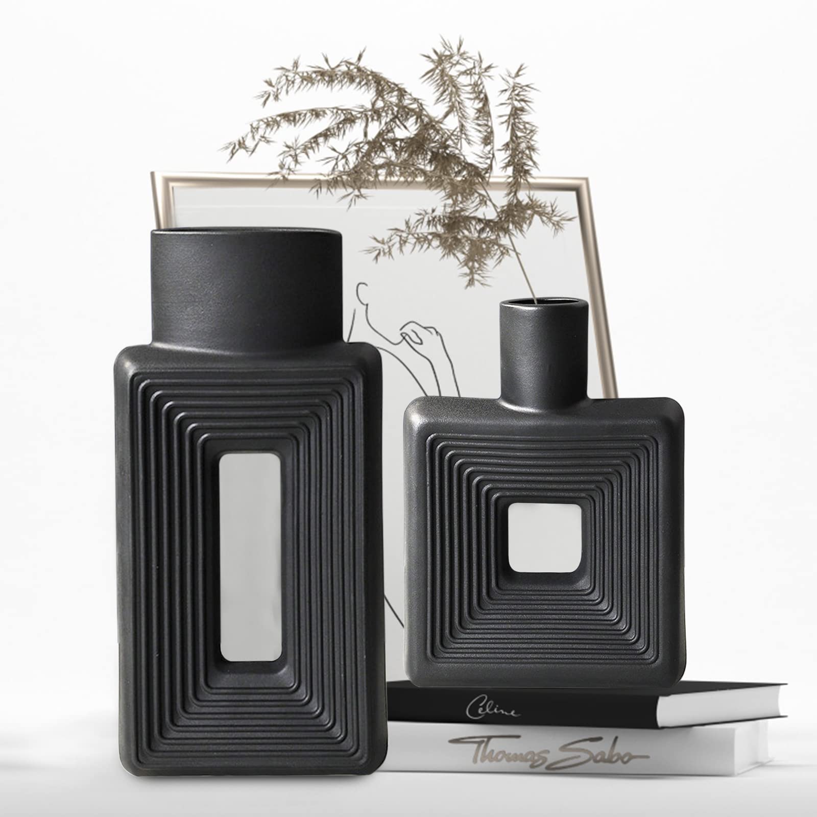Ceramic Vase - Set of 2 for Home Decor,Black Flower Shape Pampas Vases Minimalist Nordic Boho Style for Modern Farmhouse Decor, Living Room、 Kitchen、Mantle、Bedroom、Dining Table、Office