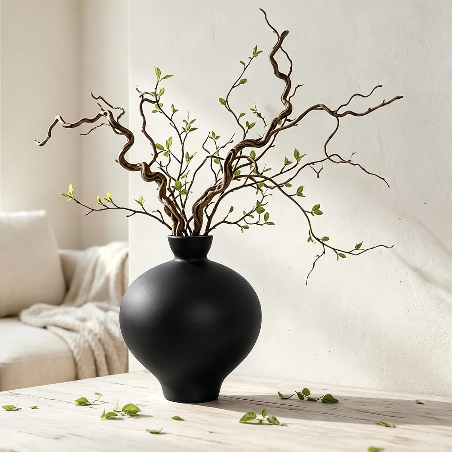 Matte Black Ceramic Vase, 9'' Modern Sculptural Round Flower Vase, Minimalist Bud Vase for Nordic Home Decor, Decorative Watertight Black Vase for Centerpiece Living Room Mantel Table Shelf