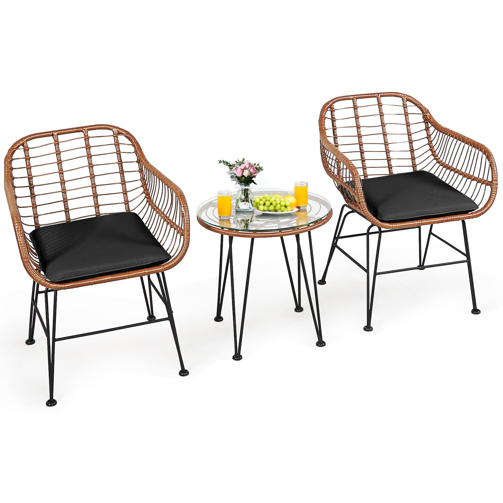 Tangkula 3 Pieces Patio Conversation Bistro Set, Outdoor Wicker Furniture w/Round Tempered Glass Top Table & 2 Rattan Armchairs, Bistro Chat Set w/Seat Cushions for Porch, Backyard, Garden