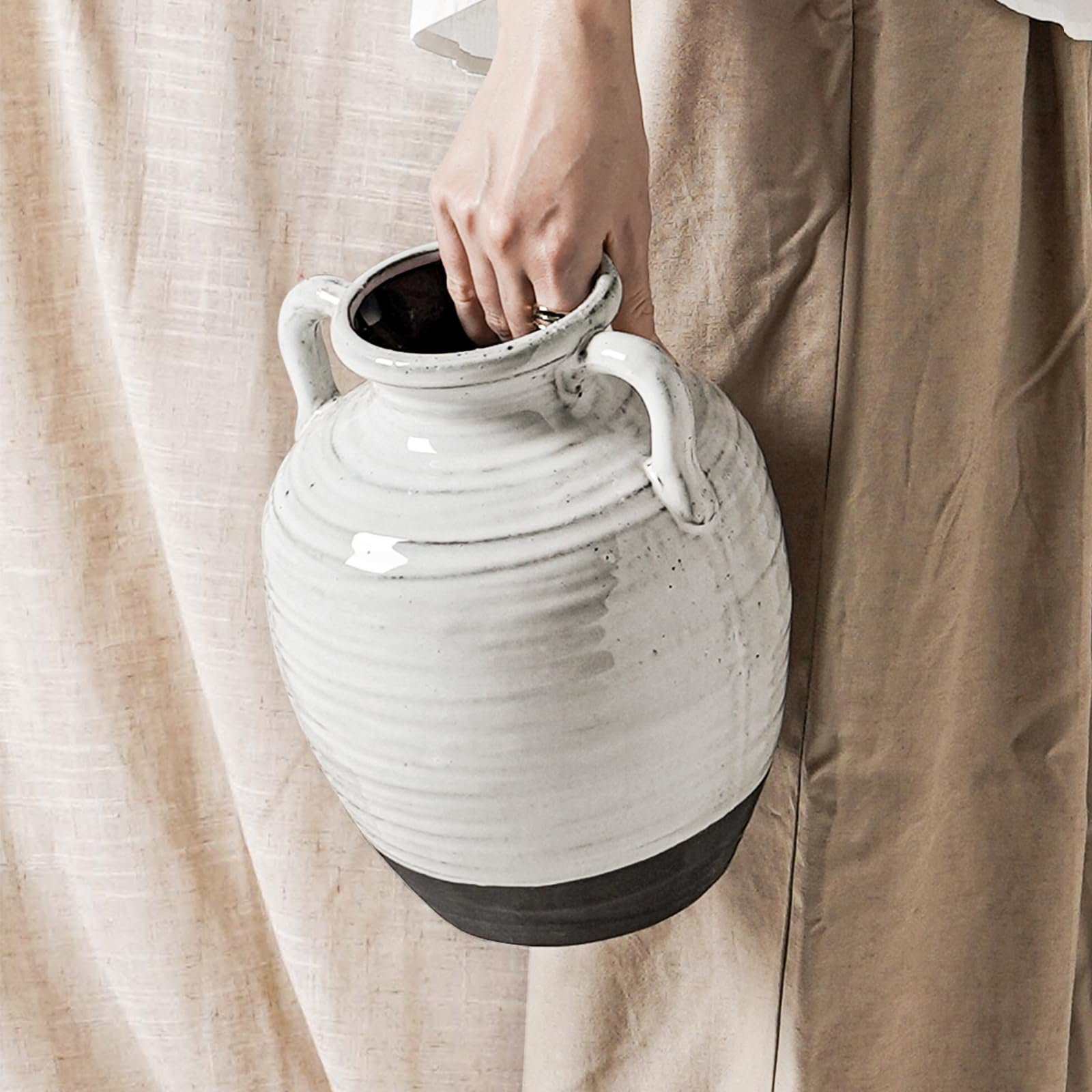 White Ceramic Vase - Large 11.8 Inch Tall Floor Vase for Centerpieces, Farmhouse Flower Vases, Rustic Minimalist Home Decor for Living Room, Enterway, Wedding (Sandstone White)