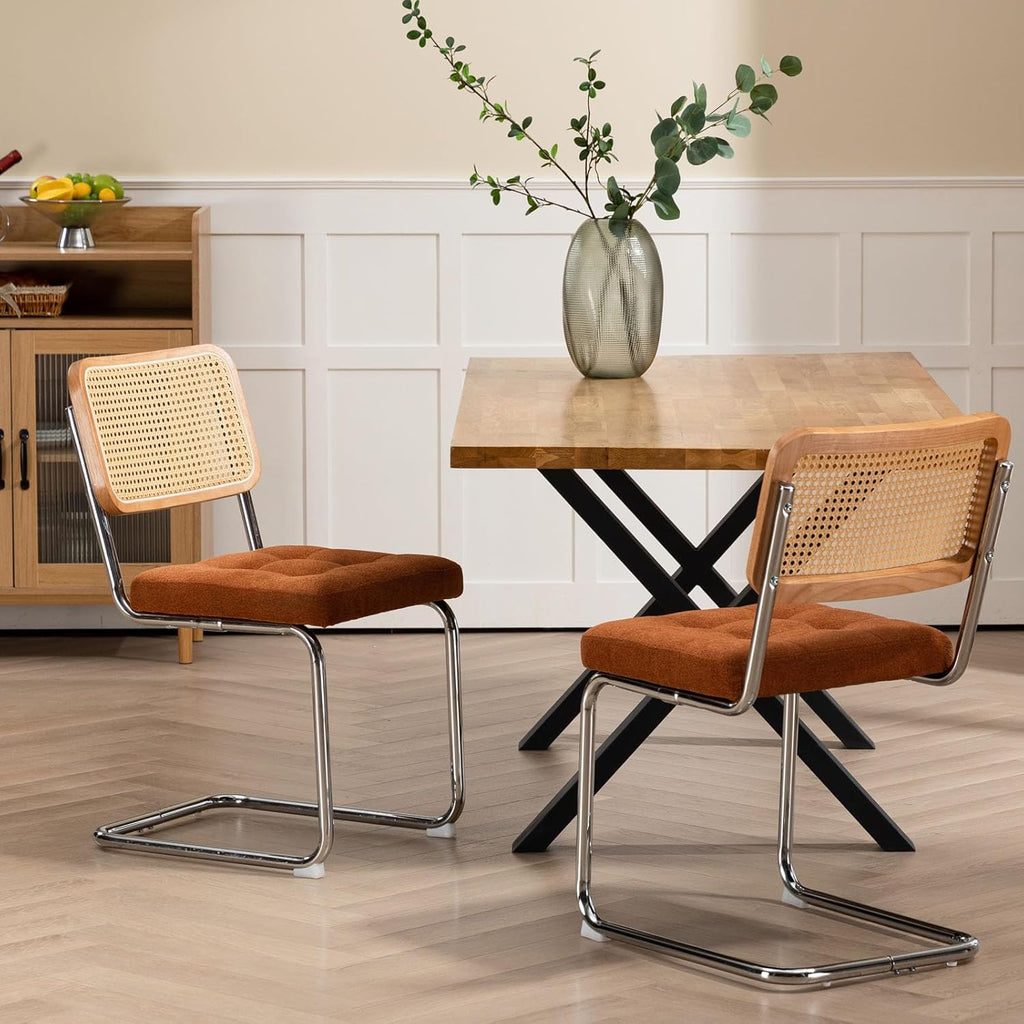 Mid-Century Orange Dining Chairs Set of 2, Modern Velvet Rattan Back Chairs, Upholstery Kitchen Chairs with Silver Chromed Sled Base, Cane Back Accent Chair for Bedroom, Orange