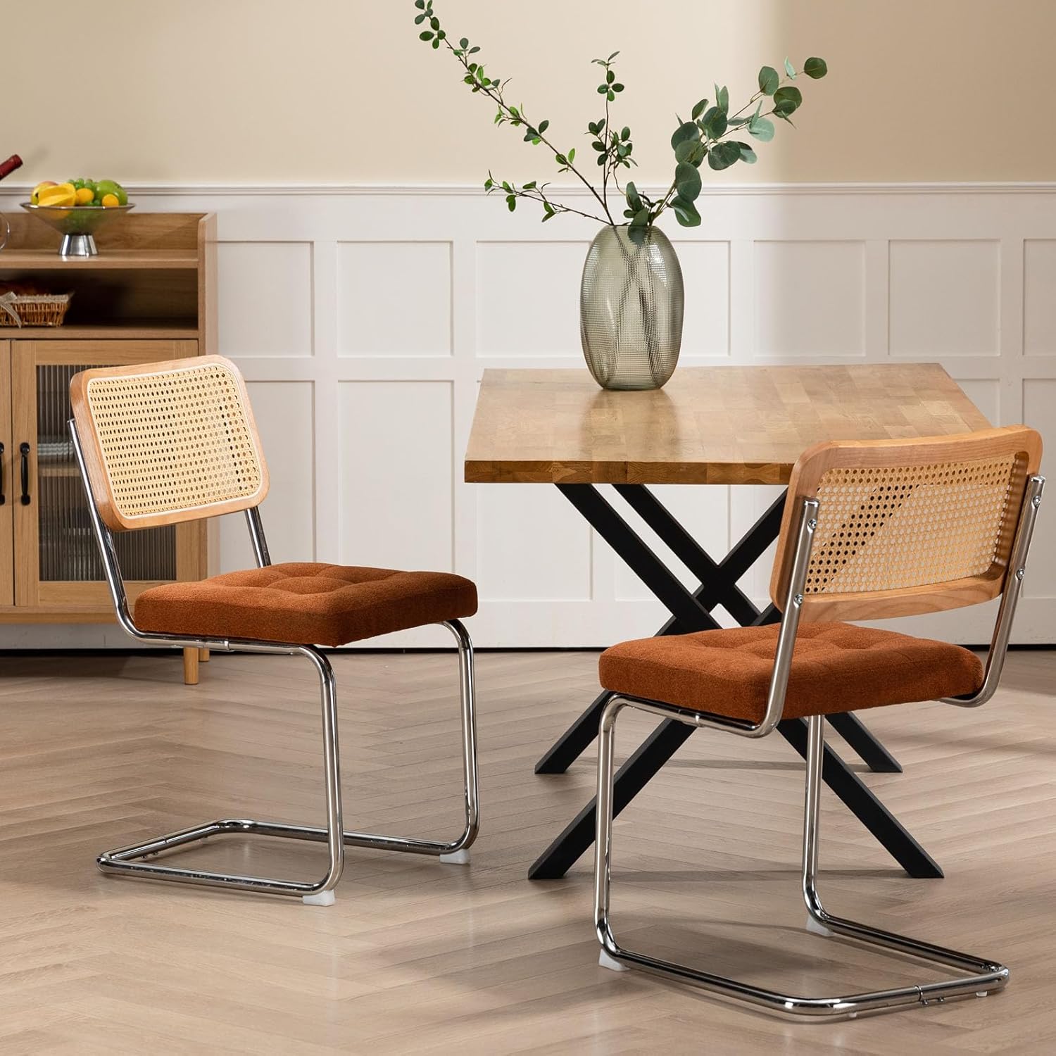 Mid-Century Orange Dining Chairs Set of 2, Modern Velvet Rattan Back Chairs, Upholstery Kitchen Chairs with Silver Chromed Sled Base, Cane Back Accent Chair for Bedroom, Orange