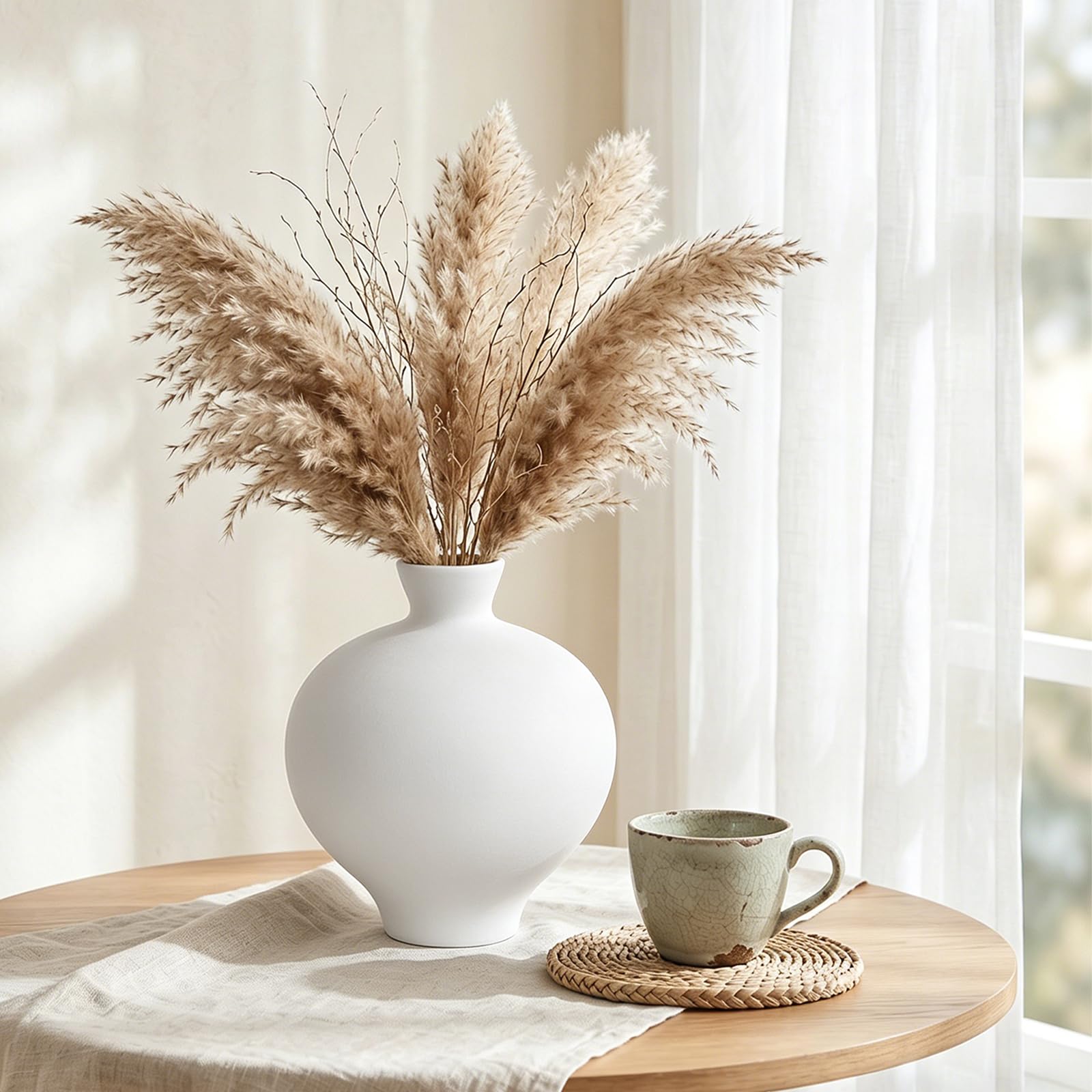 Matte Black Ceramic Vase, 9'' Modern Sculptural Round Flower Vase, Minimalist Bud Vase for Nordic Home Decor, Decorative Watertight Black Vase for Centerpiece Living Room Mantel Table Shelf