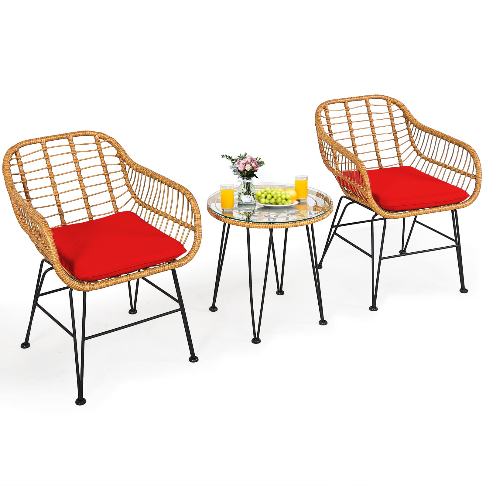 Tangkula 3 Pieces Patio Conversation Bistro Set, Outdoor Wicker Furniture w/Round Tempered Glass Top Table & 2 Rattan Armchairs, Bistro Chat Set w/Seat Cushions for Porch, Backyard, Garden
