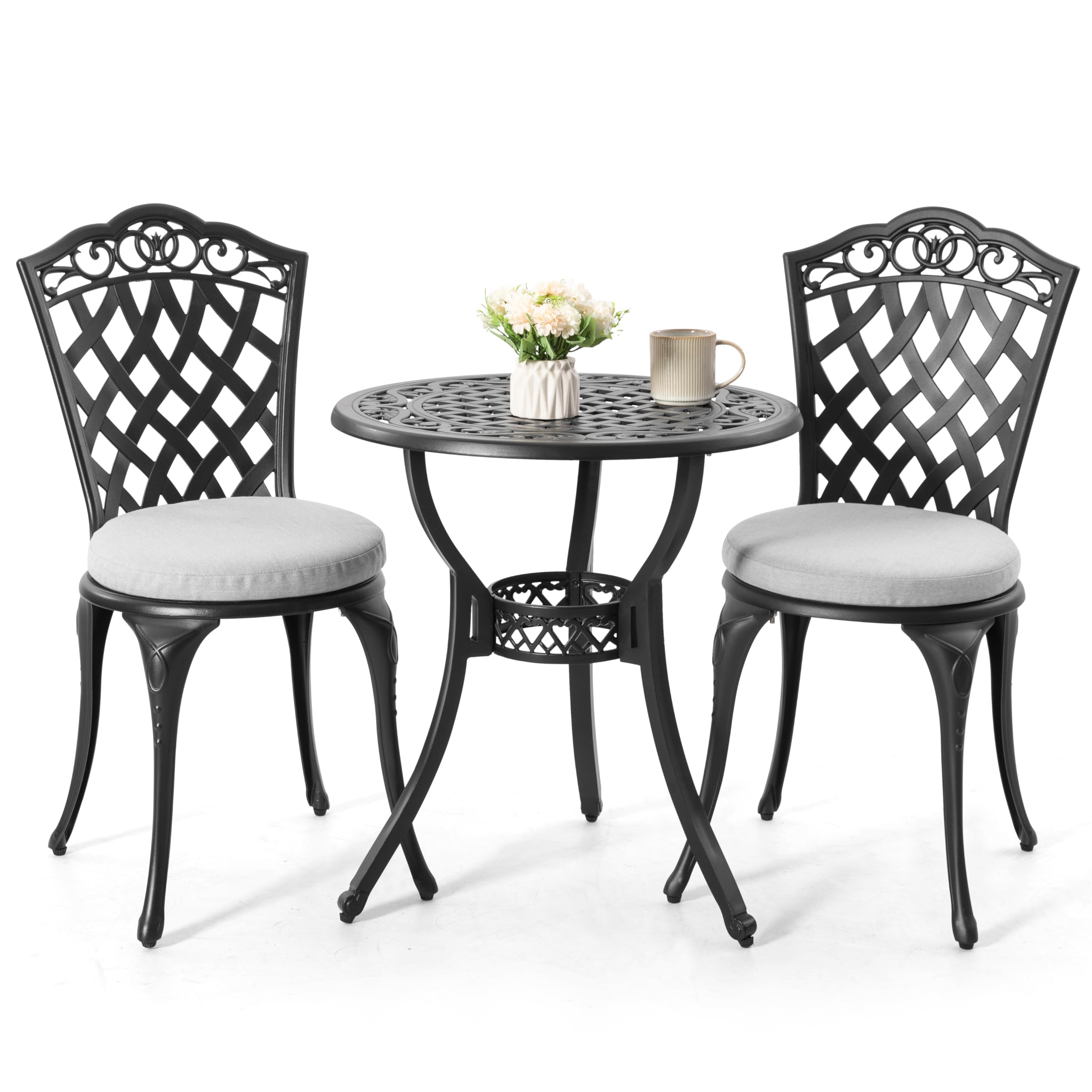 NUU GARDEN 3 Piece Outdoor Bistro Table Set, All Weather Cast Aluminum Patio Bistro Sets Patio Table and Chairs Set of 2 with Umbrella Hole for Yard, Garden, Balcony, Black