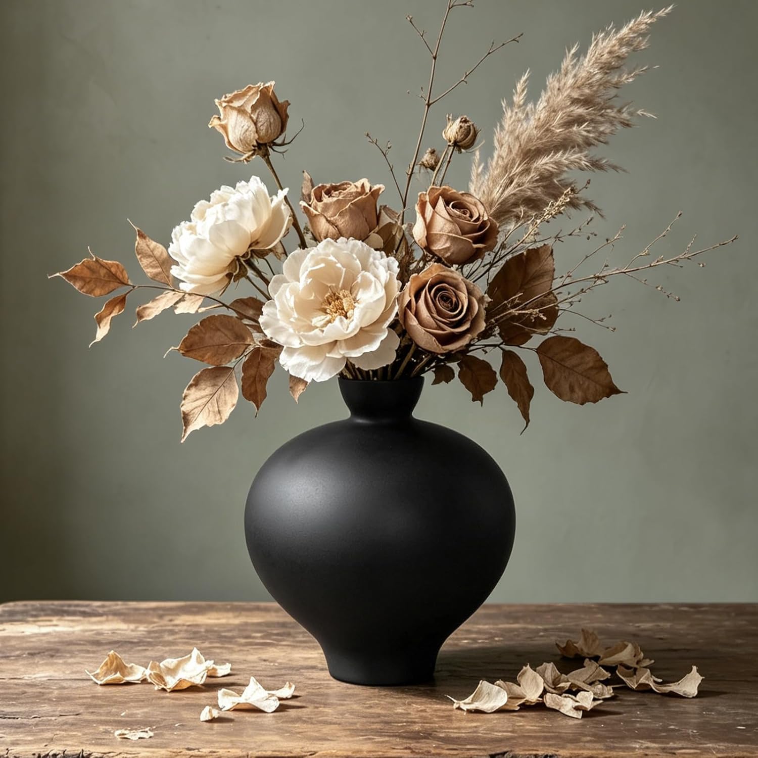 Matte Black Ceramic Vase, 9'' Modern Sculptural Round Flower Vase, Minimalist Bud Vase for Nordic Home Decor, Decorative Watertight Black Vase for Centerpiece Living Room Mantel Table Shelf