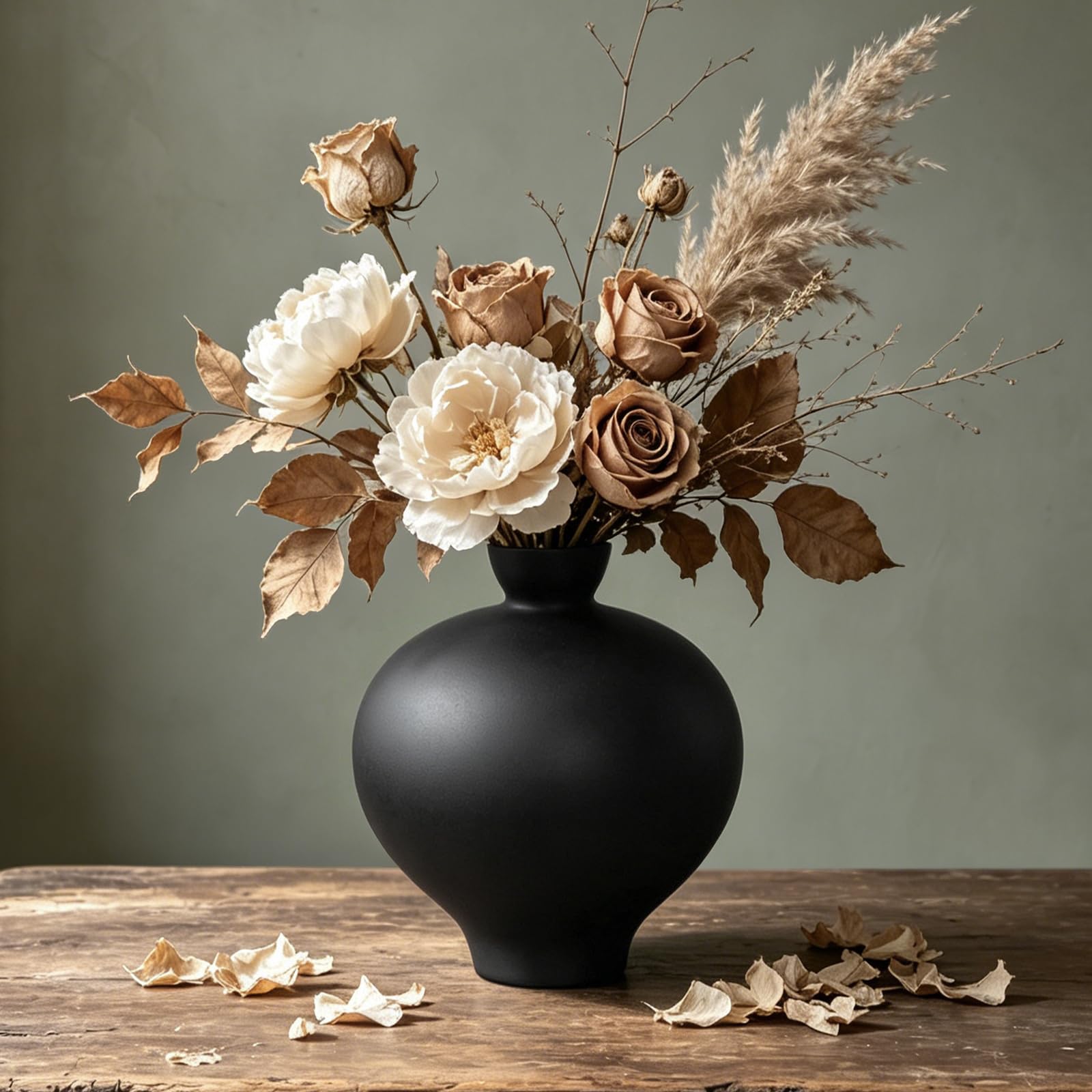 Matte Black Ceramic Vase, 9'' Modern Sculptural Round Flower Vase, Minimalist Bud Vase for Nordic Home Decor, Decorative Watertight Black Vase for Centerpiece Living Room Mantel Table Shelf
