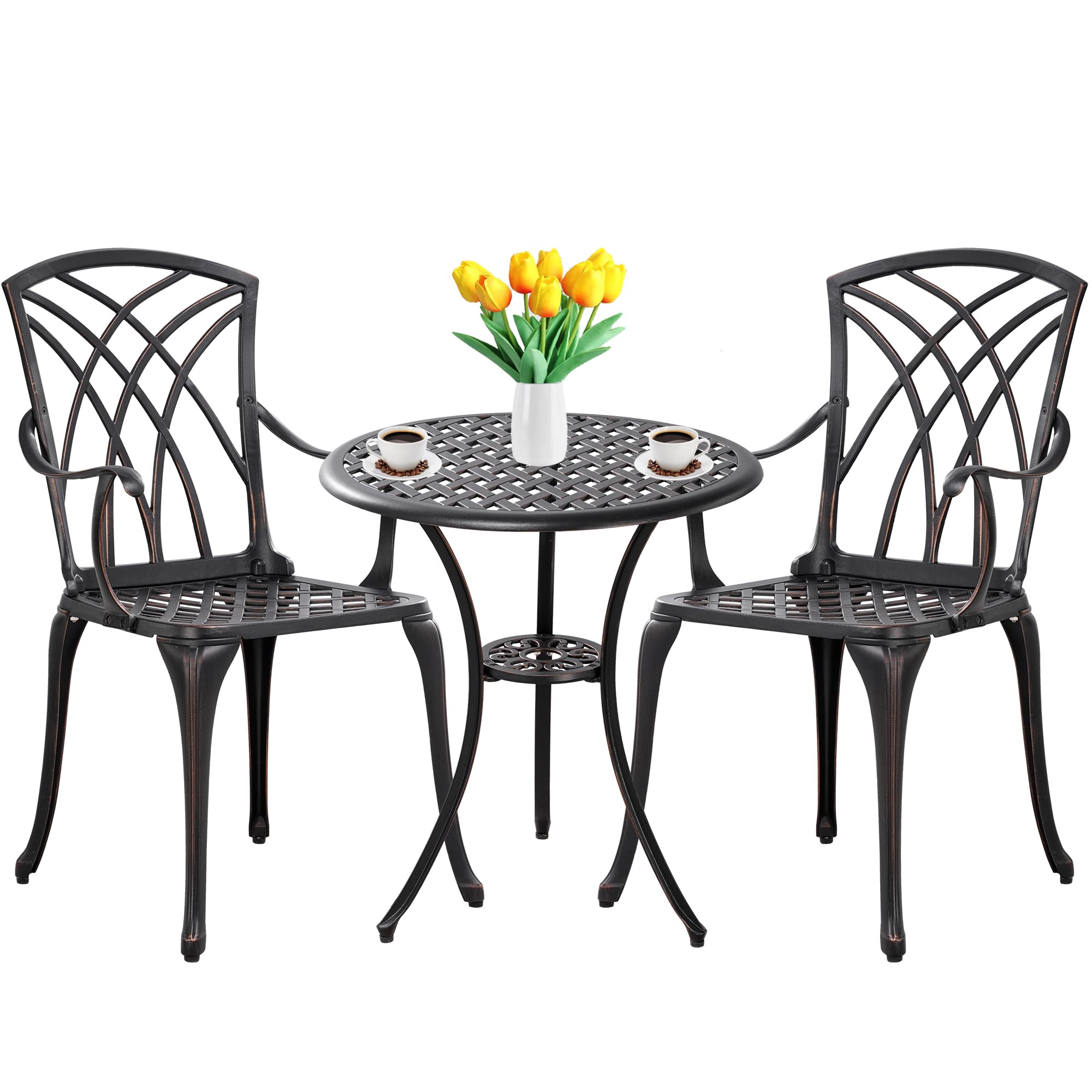 Outdoor Bistro Set 3 Piece Patio Bistro Set, Cast Aluminum Bistro Table and Chairs Set of 2, Small Patio Table Set for Porch, Black