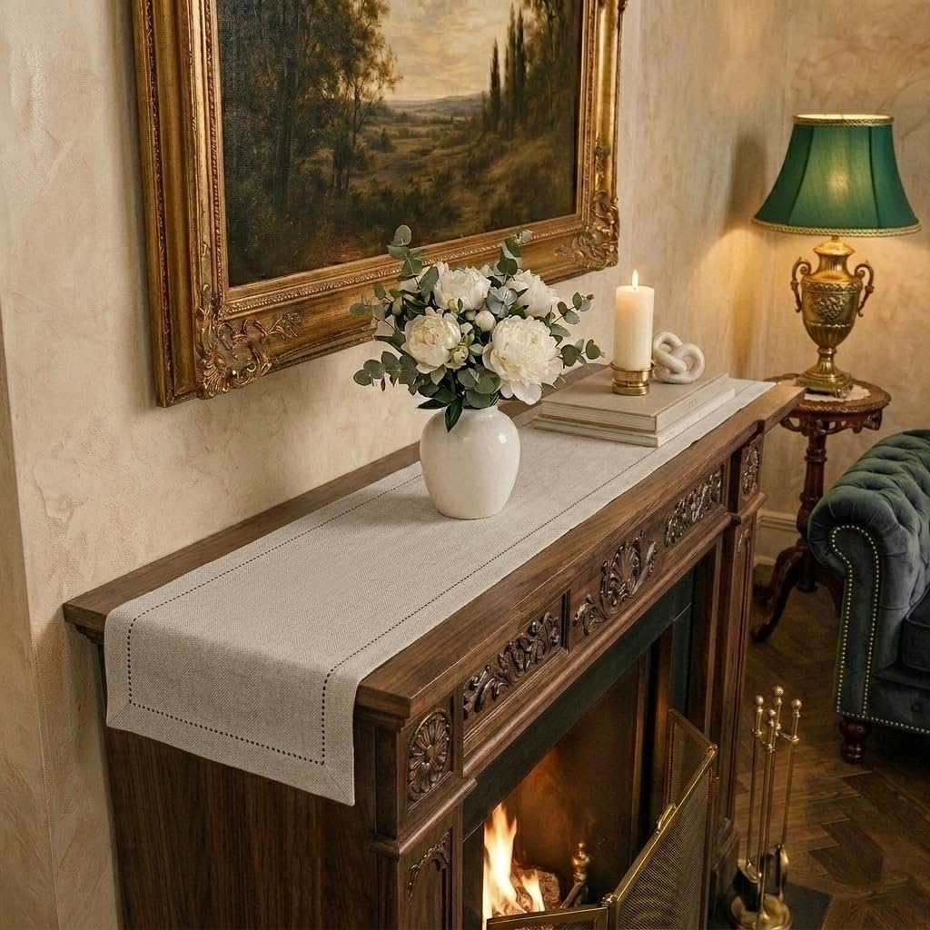 Signature Linen™ by D'Moksha White Table Runner 84 Inches Long, 100% Pure Linen, Hemstitch, 14 x 84 Inch Table Runner for Dresser, Dining- Summer, Father's & Independence Day