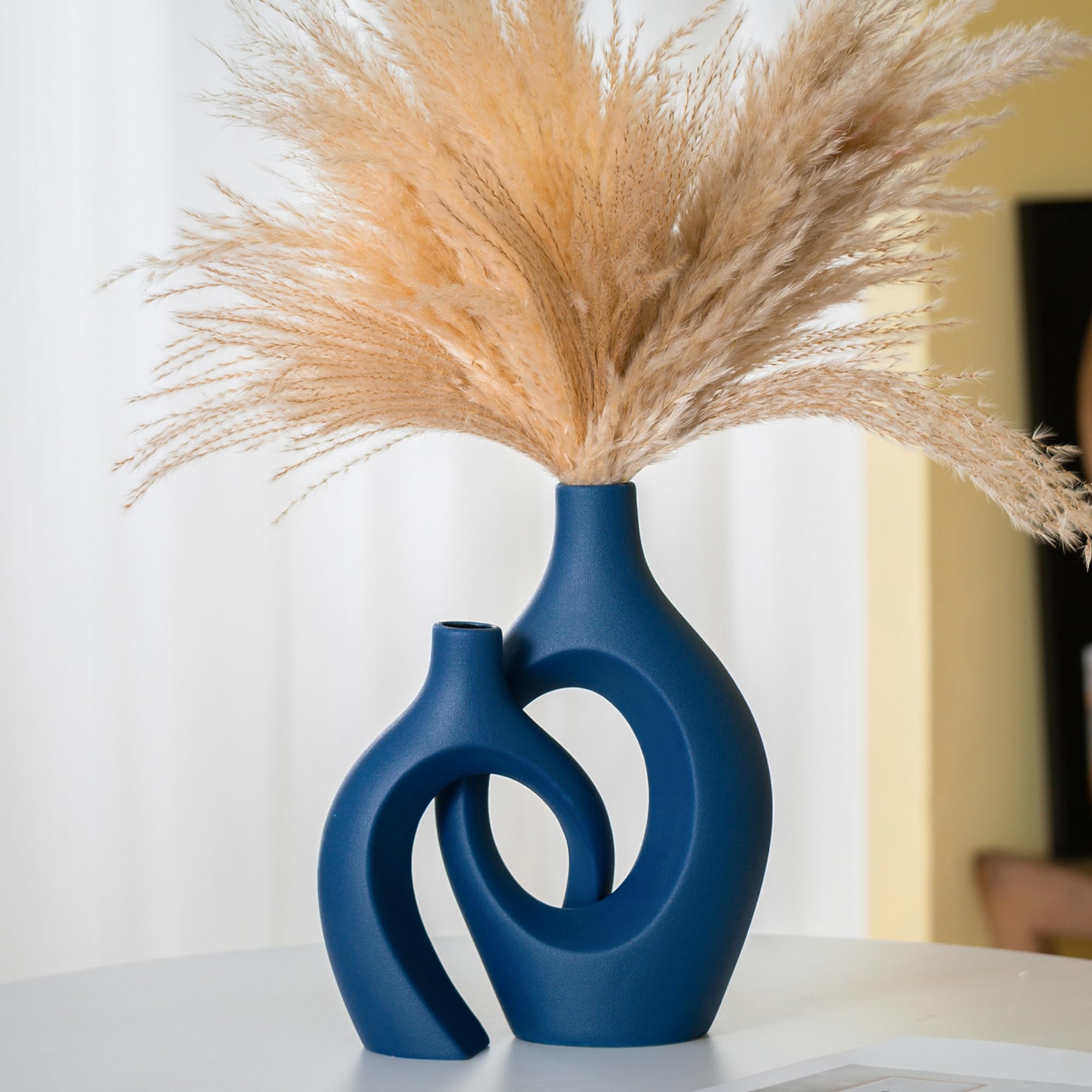 Lvases Snuggle Hollow Ceramic Vase Set of 2, Boho ins Style Round Nordic Mid Century Modern Aesthetic Decorative Vase for Home Decor (Cream W 6.8" X H 11")