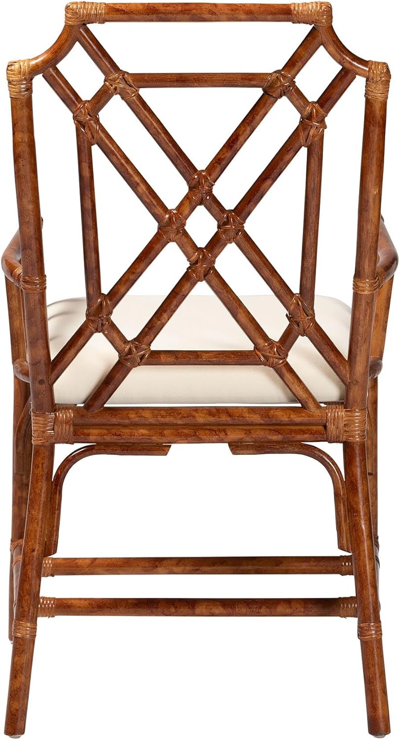 Bali & pari Esmery Marbled Tortoise Natural Rattan Dining Chair - Handcrafted Wicker Armchair with Crisscross Back, Boho Coastal Seating for Dining Room or Kitchen