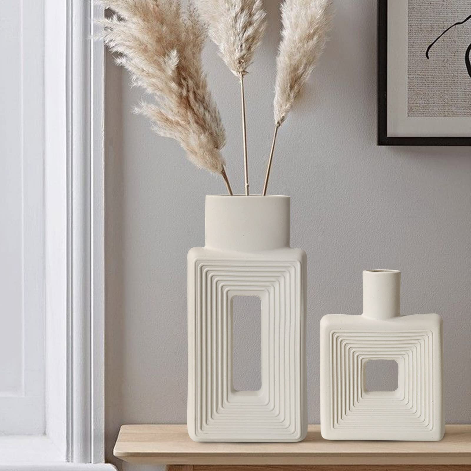Ceramic Vase - Set of 2 for Home Decor,Black Flower Shape Pampas Vases Minimalist Nordic Boho Style for Modern Farmhouse Decor, Living Room、 Kitchen、Mantle、Bedroom、Dining Table、Office