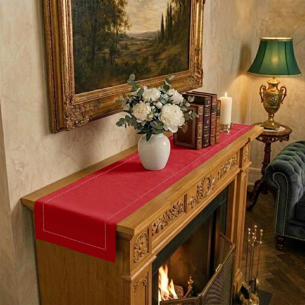 Signature Linen™ by D'Moksha White Table Runner 84 Inches Long, 100% Pure Linen, Hemstitch, 14 x 84 Inch Table Runner for Dresser, Dining- Summer, Father's & Independence Day