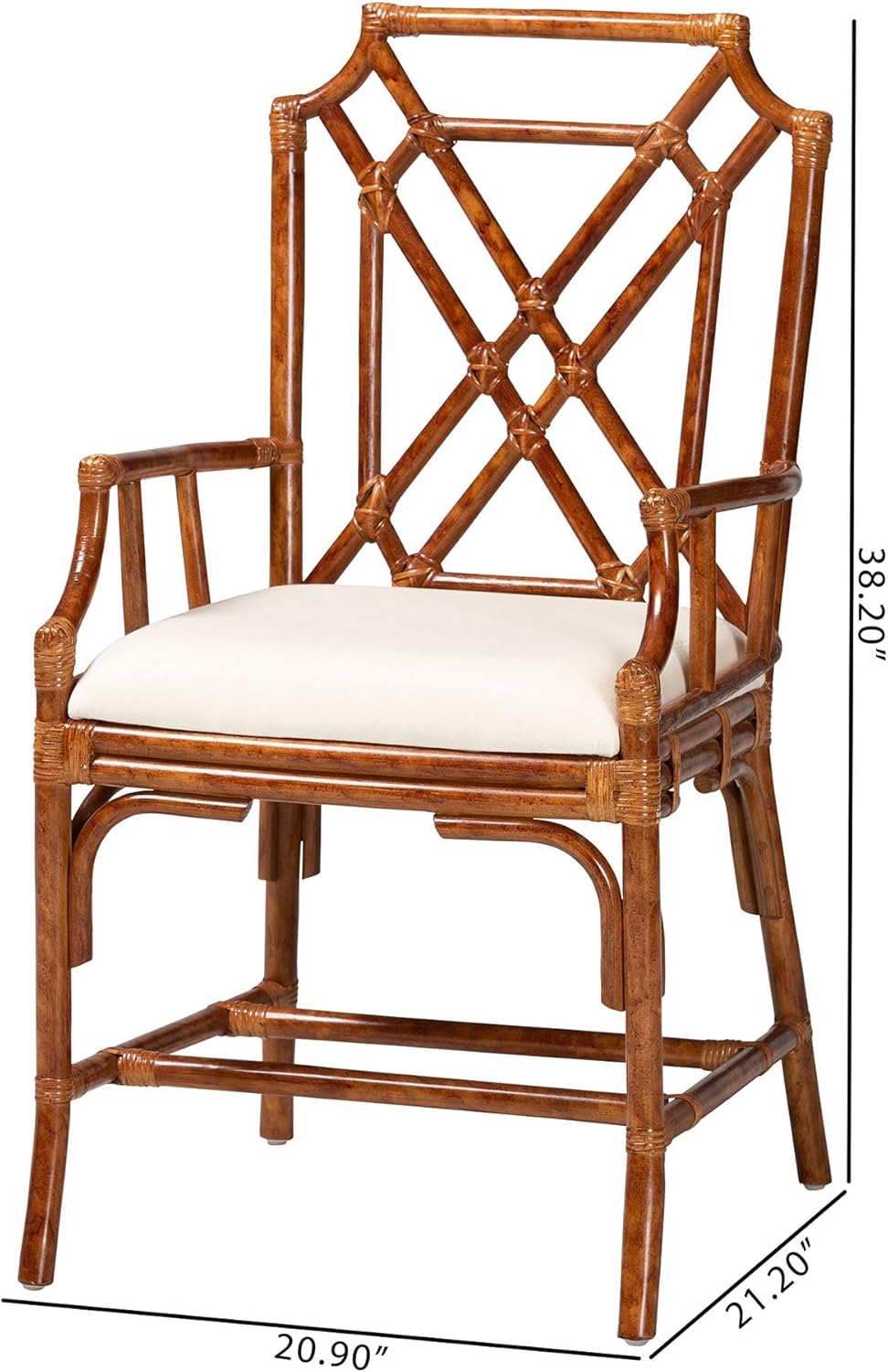 Bali & pari Esmery Marbled Tortoise Natural Rattan Dining Chair - Handcrafted Wicker Armchair with Crisscross Back, Boho Coastal Seating for Dining Room or Kitchen