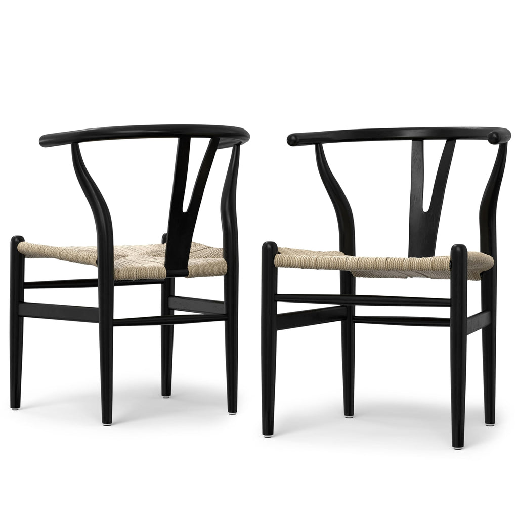 SIMPLIHOME Regina Dining Chairs - Mid-Century Modern Solid Beechwood and Rattan Arm Chair Set in Natural, Dining Room Seating with Open Frame, Curved Arms and Woven Seat and Backrest (Set of 2)
