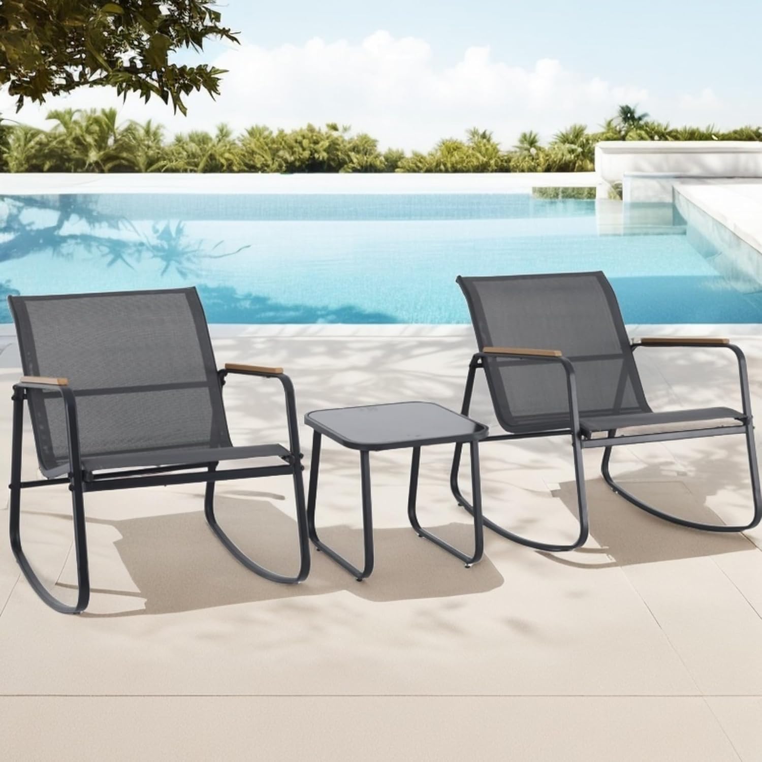 DWVO Patio Rocking Bistro Set, 3 Piece Durable Textilene Outdoor Furniture Set, Wooden Armrest Rocker Chairs & Glass Table for Garden, Balcony & Poolside, Black