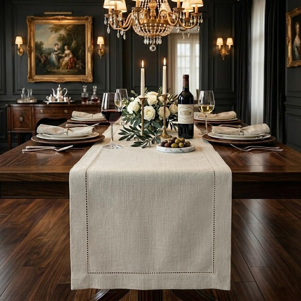Signature Linen™ by D'Moksha White Table Runner 84 Inches Long, 100% Pure Linen, Hemstitch, 14 x 84 Inch Table Runner for Dresser, Dining- Summer, Father's & Independence Day