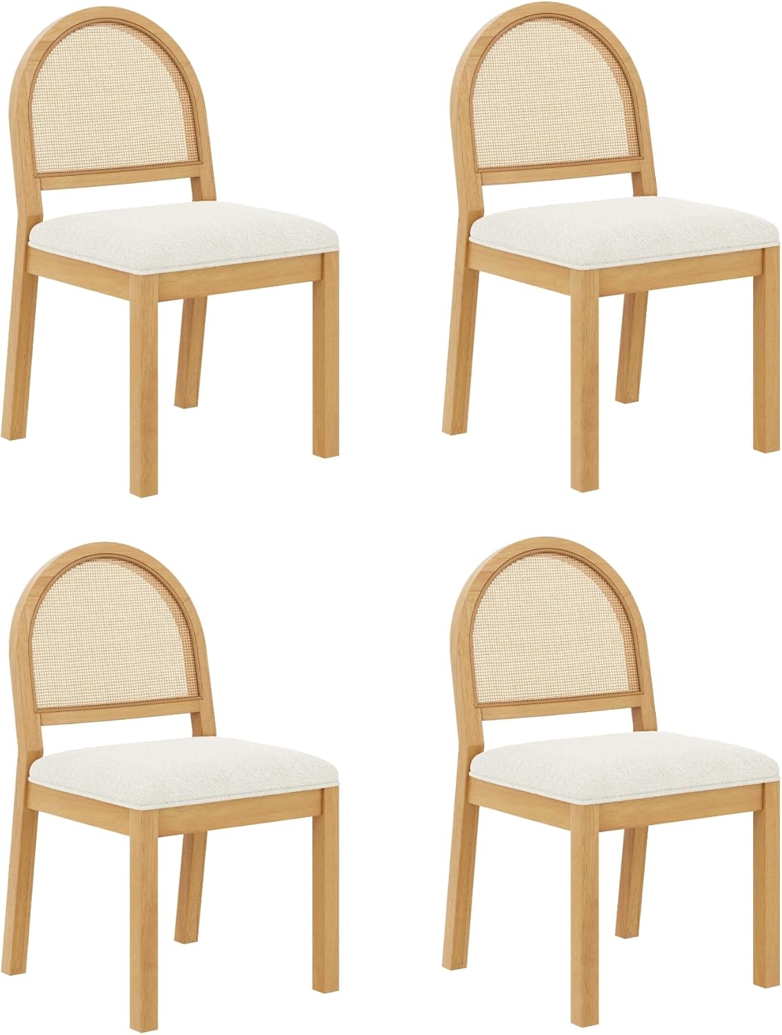 Nathan James Bailey 19 in. Boucle Dining Chair, Upholstered Side Chair with Natural Woven Rattan Back and Solid Wood Legs, Natural Brown/Rattan/Cream Boucle, Set of 4