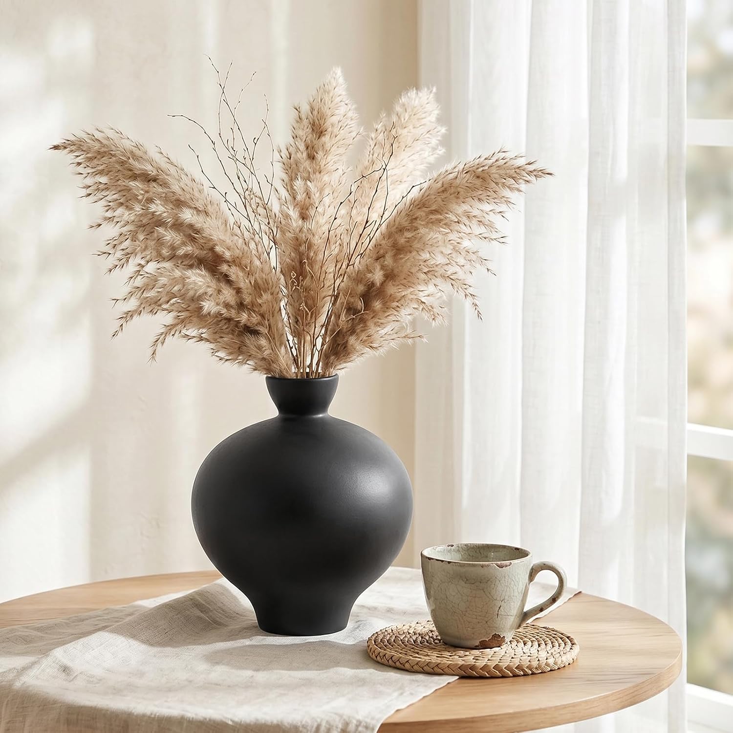 Matte Black Ceramic Vase, 9'' Modern Sculptural Round Flower Vase, Minimalist Bud Vase for Nordic Home Decor, Decorative Watertight Black Vase for Centerpiece Living Room Mantel Table Shelf