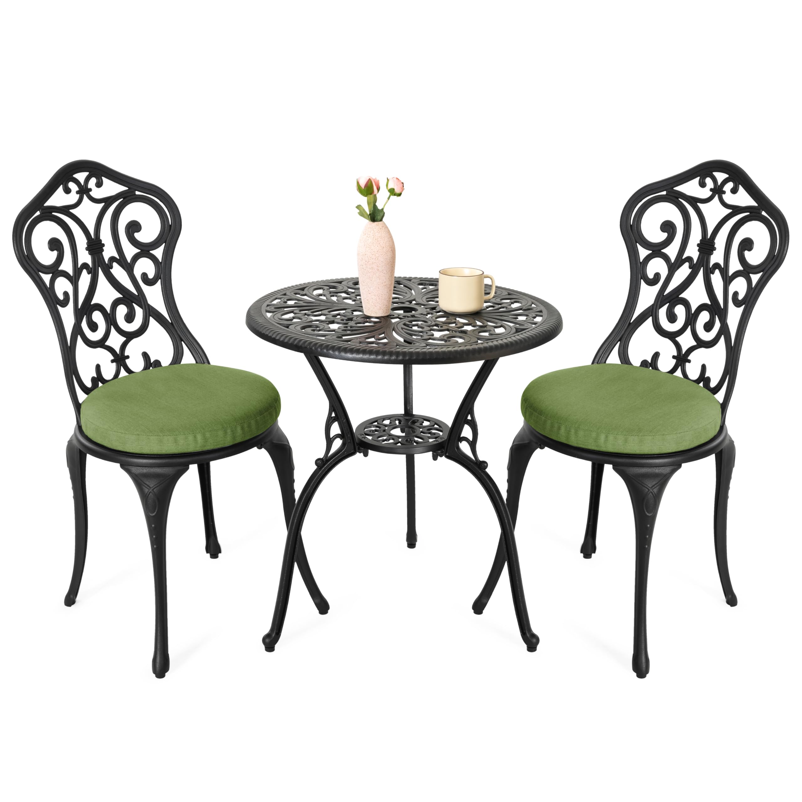 NUU GARDEN 3 Piece Outdoor Bistro Table Set, All Weather Cast Aluminum Patio Bistro Sets Patio Table and Chairs Set of 2 with Umbrella Hole for Yard, Garden, Balcony, Black