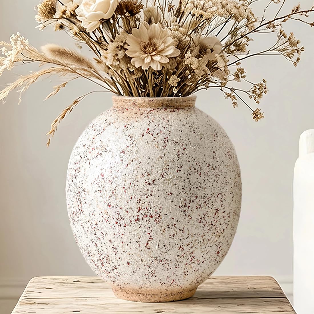 White Ceramic Vase, 9.8" Large, Round, Sandstone White | Farmhouse Style, Hand-Made Textured, Minimalist Design, Home Decor