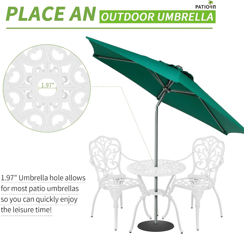 Outdoor Bistro Table and Chairs Set of 2, White Metal Patio Bistro Set, Cast Aluminum Bistro Set 3 Piece Outdoor with Umbrella Hole, 3 Piece Outdoor Bistro Set for Balcony Garden Porch