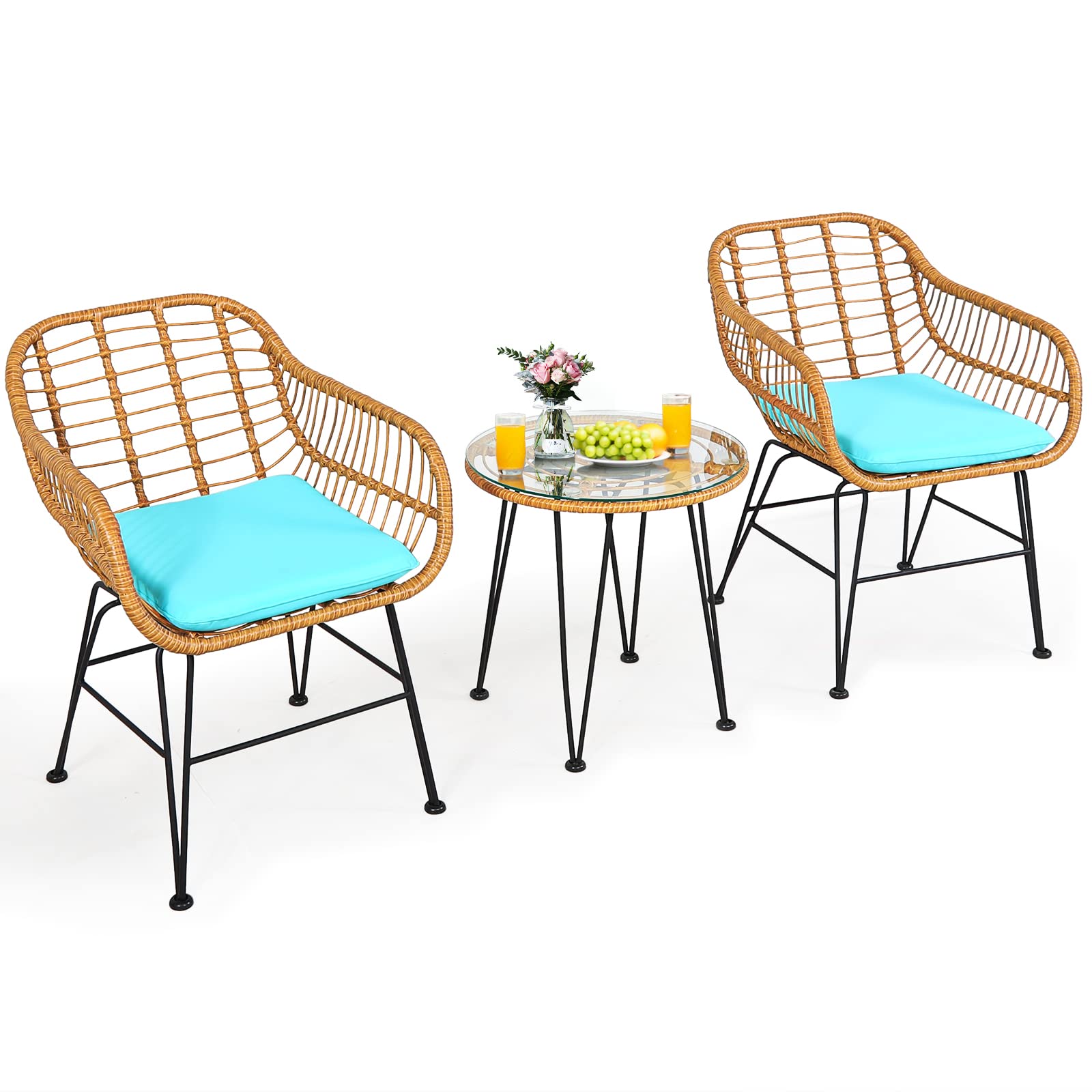 Tangkula 3 Pieces Patio Conversation Bistro Set, Outdoor Wicker Furniture w/Round Tempered Glass Top Table & 2 Rattan Armchairs, Bistro Chat Set w/Seat Cushions for Porch, Backyard, Garden
