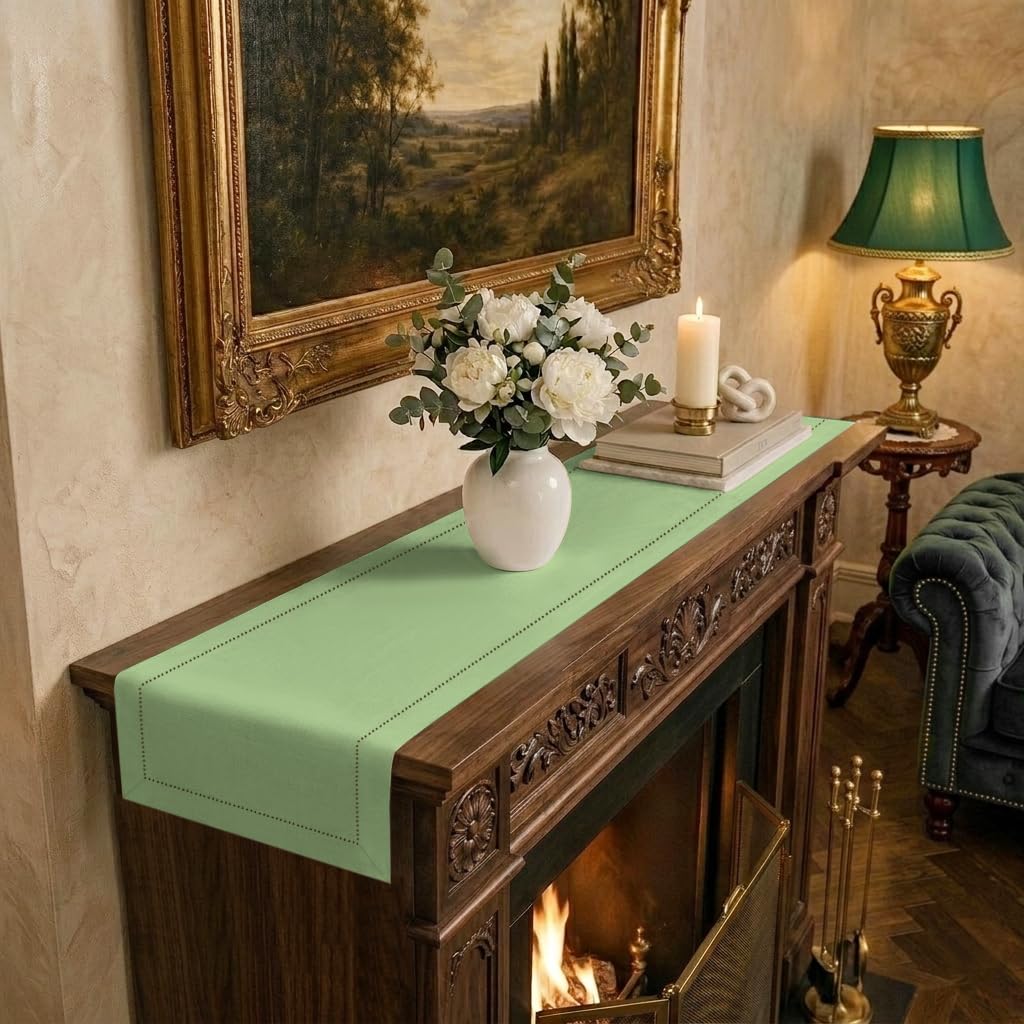 Signature Linen™ by D'Moksha White Table Runner 84 Inches Long, 100% Pure Linen, Hemstitch, 14 x 84 Inch Table Runner for Dresser, Dining- Summer, Father's & Independence Day