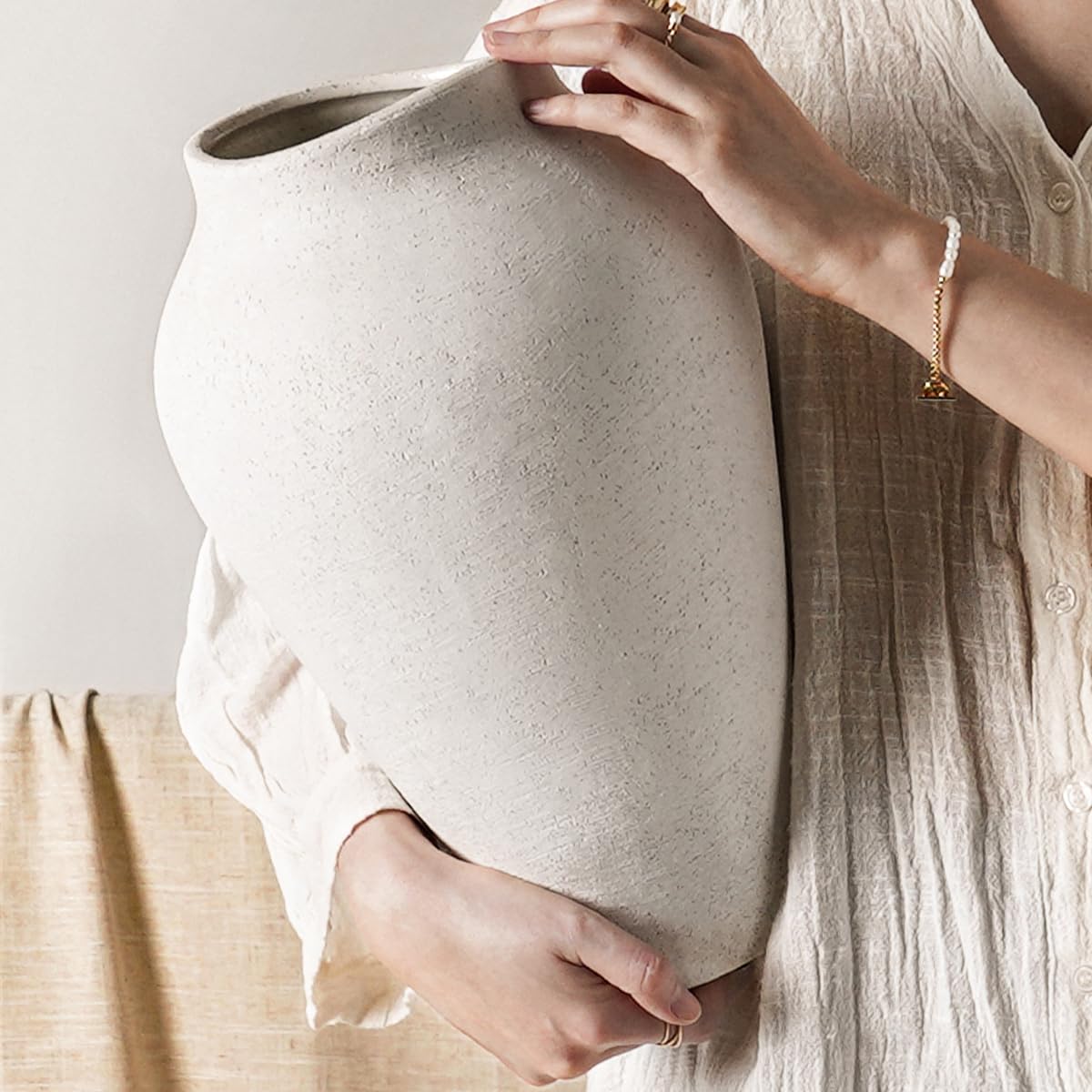 White Ceramic Vase - Large 11.8 Inch Tall Floor Vase for Centerpieces, Farmhouse Flower Vases, Rustic Minimalist Home Decor for Living Room, Enterway, Wedding (Sandstone White)