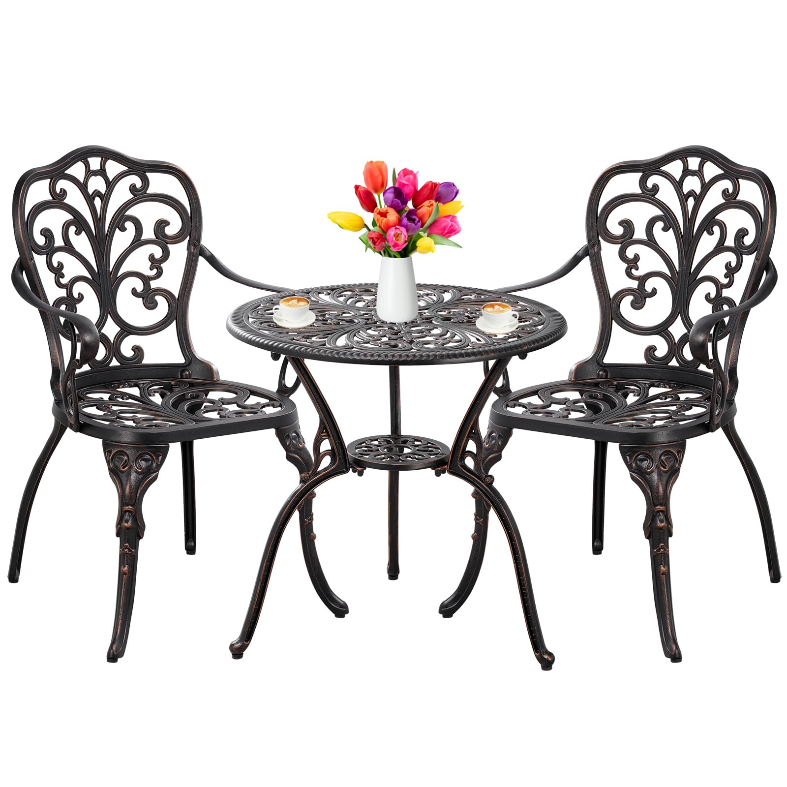 Outdoor Bistro Set 3 Piece Patio Bistro Set, Cast Aluminum Bistro Table and Chairs Set of 2, Small Patio Table Set for Porch, Black