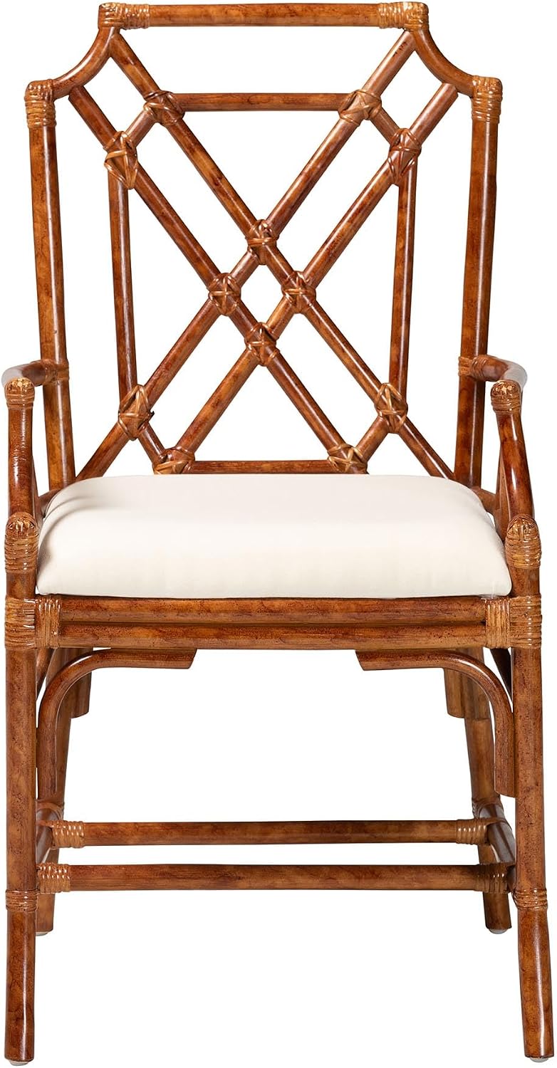 Bali & pari Esmery Marbled Tortoise Natural Rattan Dining Chair - Handcrafted Wicker Armchair with Crisscross Back, Boho Coastal Seating for Dining Room or Kitchen