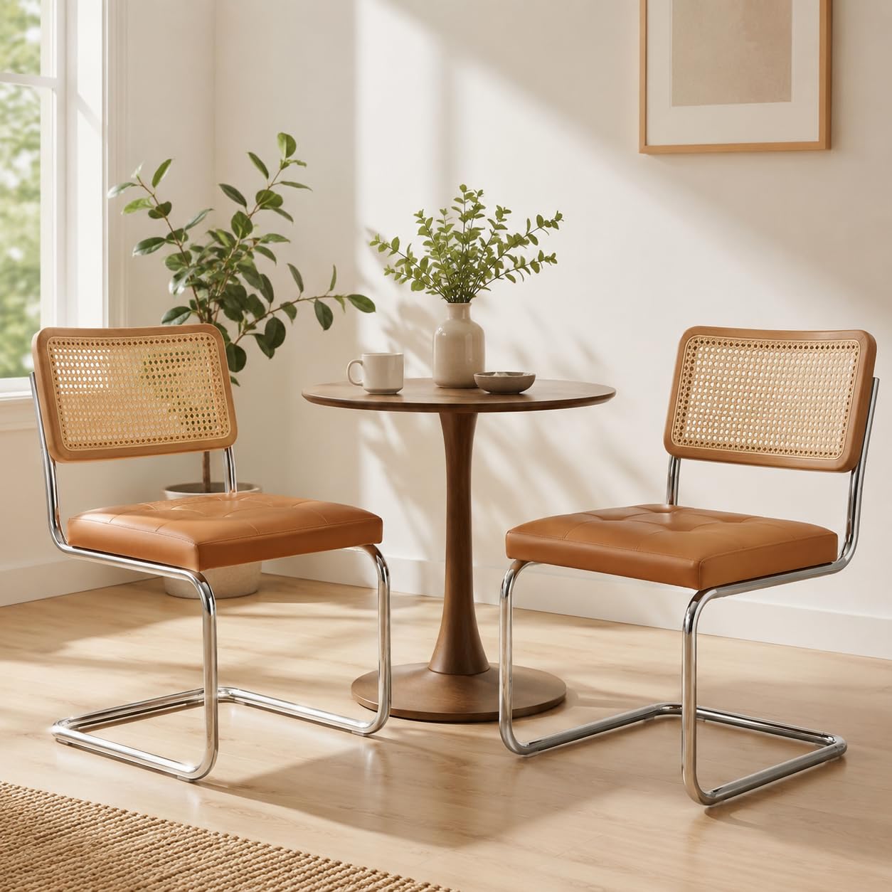 Japard Dining Chairs Set of 2, Modern Mid Century Upholstery, Rattan Cantilever Armless with Metal for Bedroom Living Room Kitchen Black 333 lbs