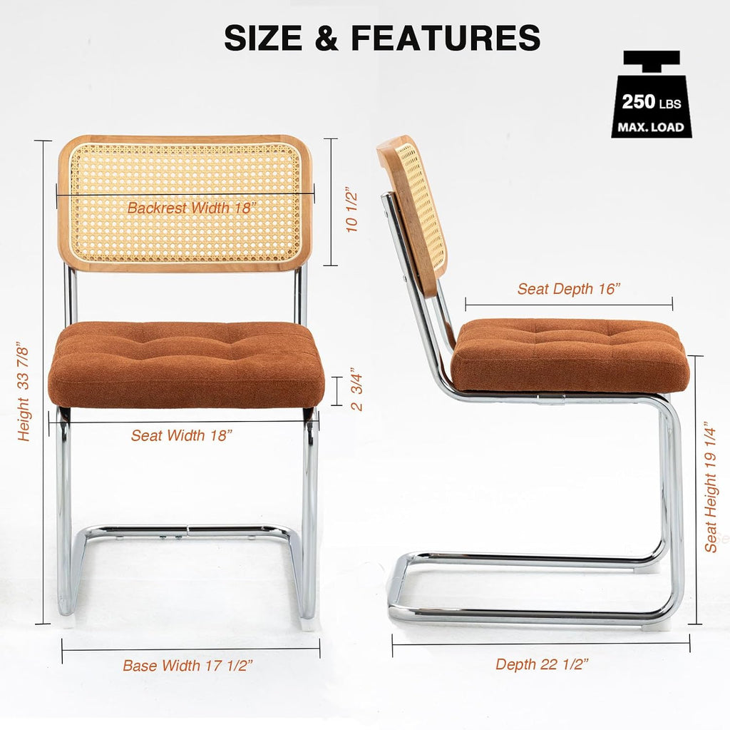 Mid-Century Orange Dining Chairs Set of 2, Modern Velvet Rattan Back Chairs, Upholstery Kitchen Chairs with Silver Chromed Sled Base, Cane Back Accent Chair for Bedroom, Orange